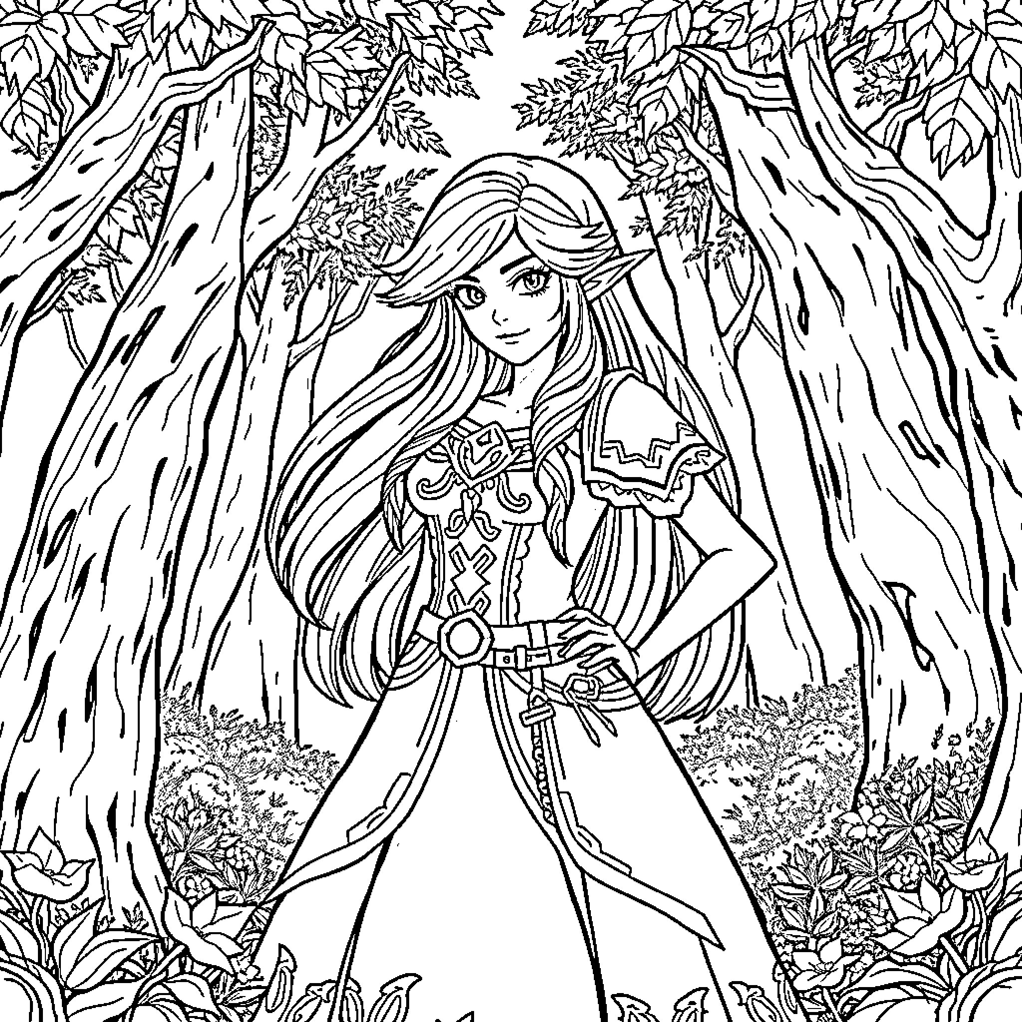 Zelda exploring the enchanted forest Coloring Page (free black-and-white line drawing printable PDF for all, from beginners to advanced learners, including children, teens, adults, and seniors)