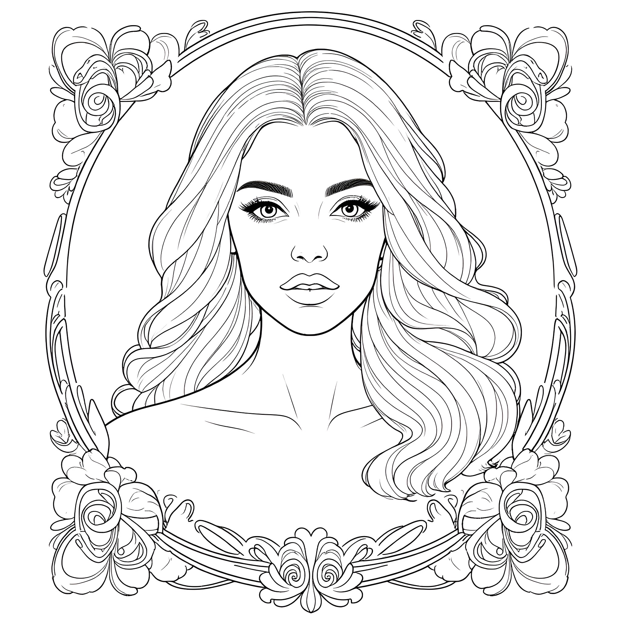 Lana Del Rey in a floral frame Coloring Page (free black-and-white line drawing printable PDF for all, from beginners to advanced learners, including children, teens, adults, and seniors)
