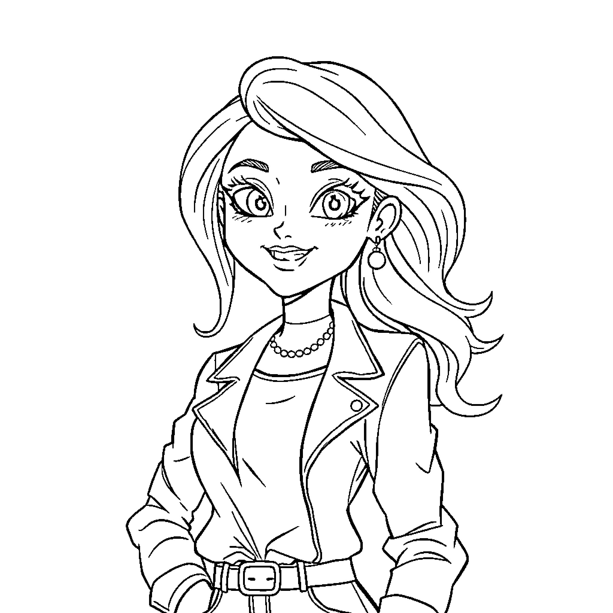 Girl in casual outfit posing with a smile Coloring Page (free black-and-white line drawing printable PDF for all, from beginners to advanced learners, including children, teens, adults, and seniors)