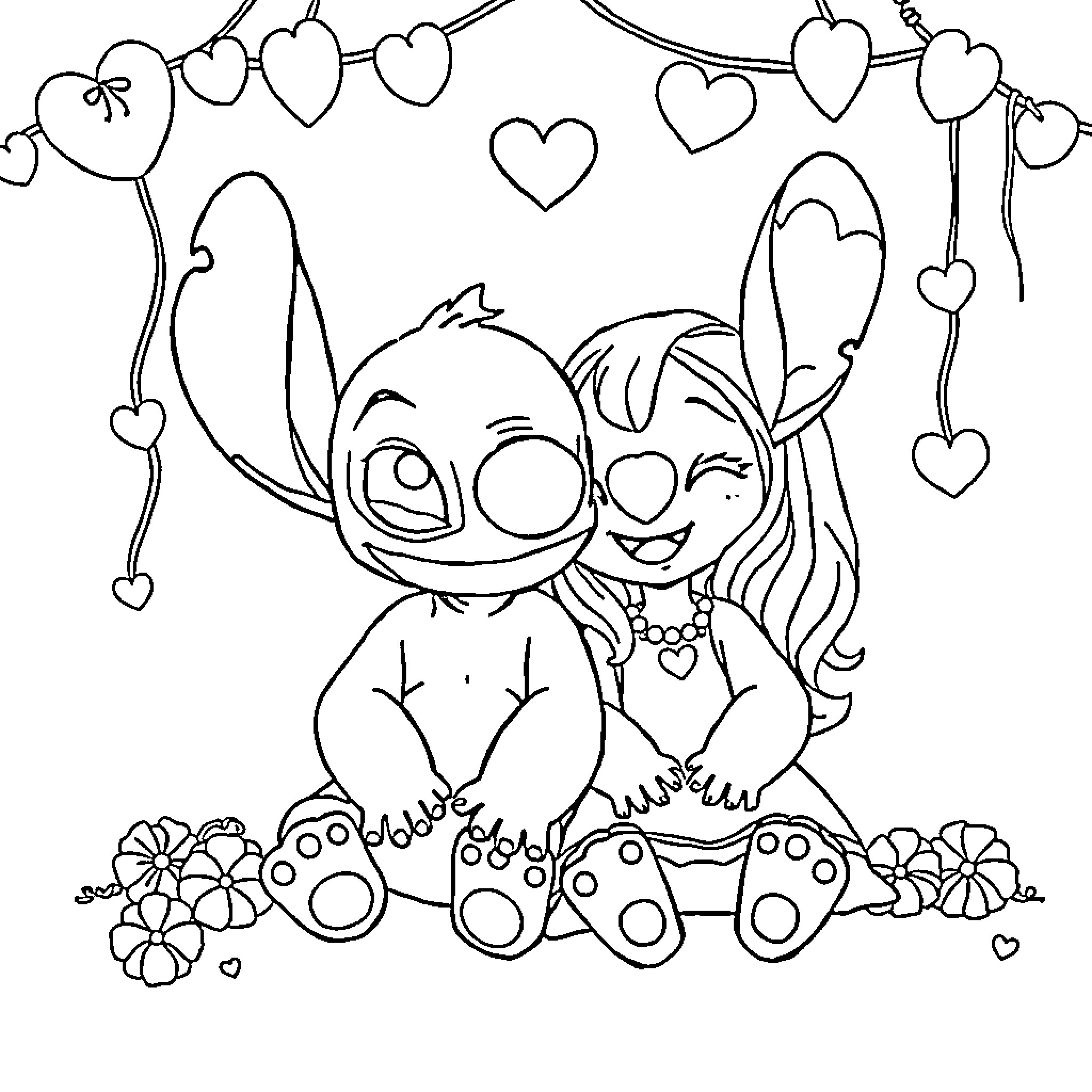 Stitch and Girlfriend Cuddling in Floral Scenery Coloring Page (free black-and-white line drawing printable PDF for all, from beginners to advanced learners, including children, teens, adults, and seniors)