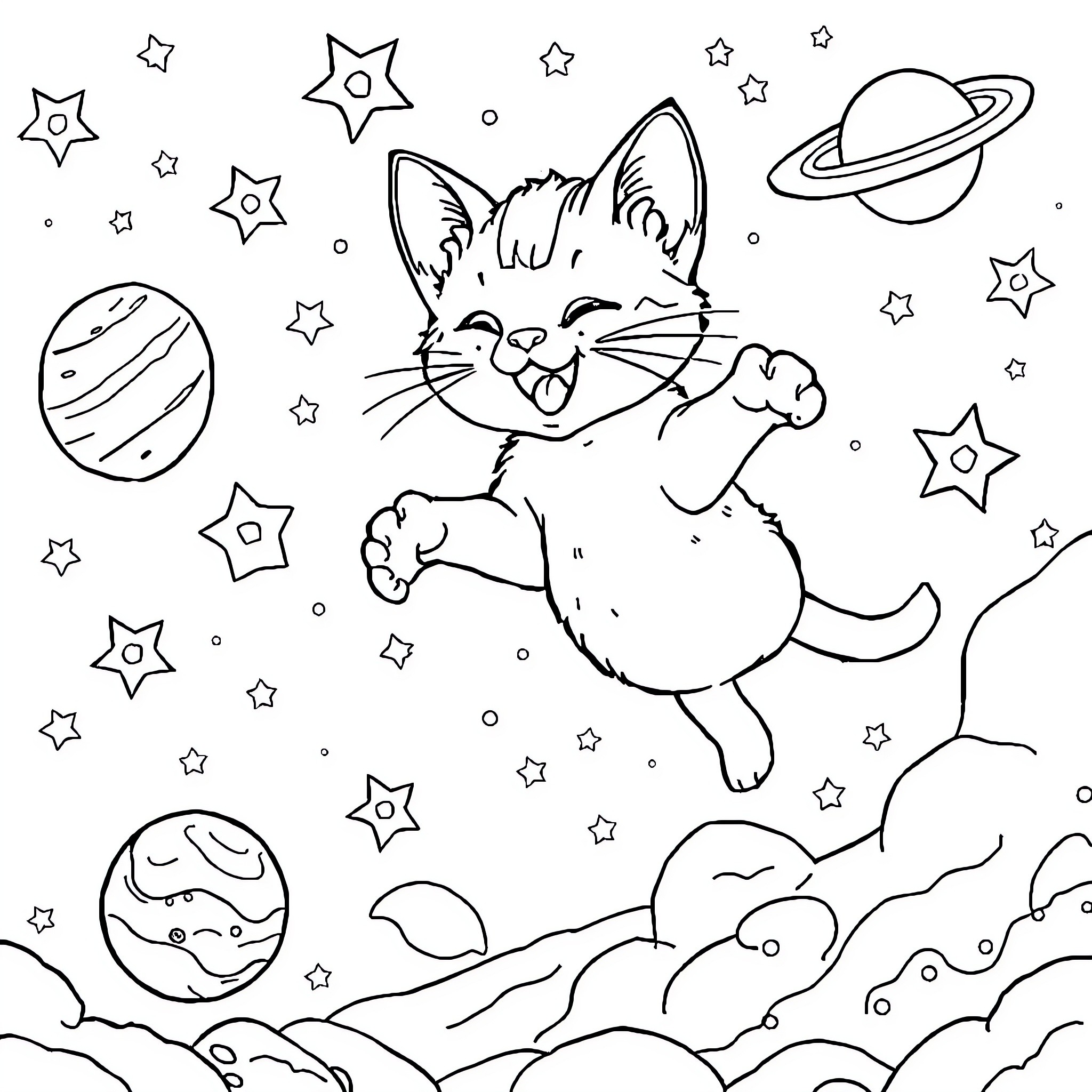 Kitten playing amongst the stars Coloring Page (free black-and-white line drawing printable PDF for all, from beginners to advanced learners, including children, teens, adults, and seniors)