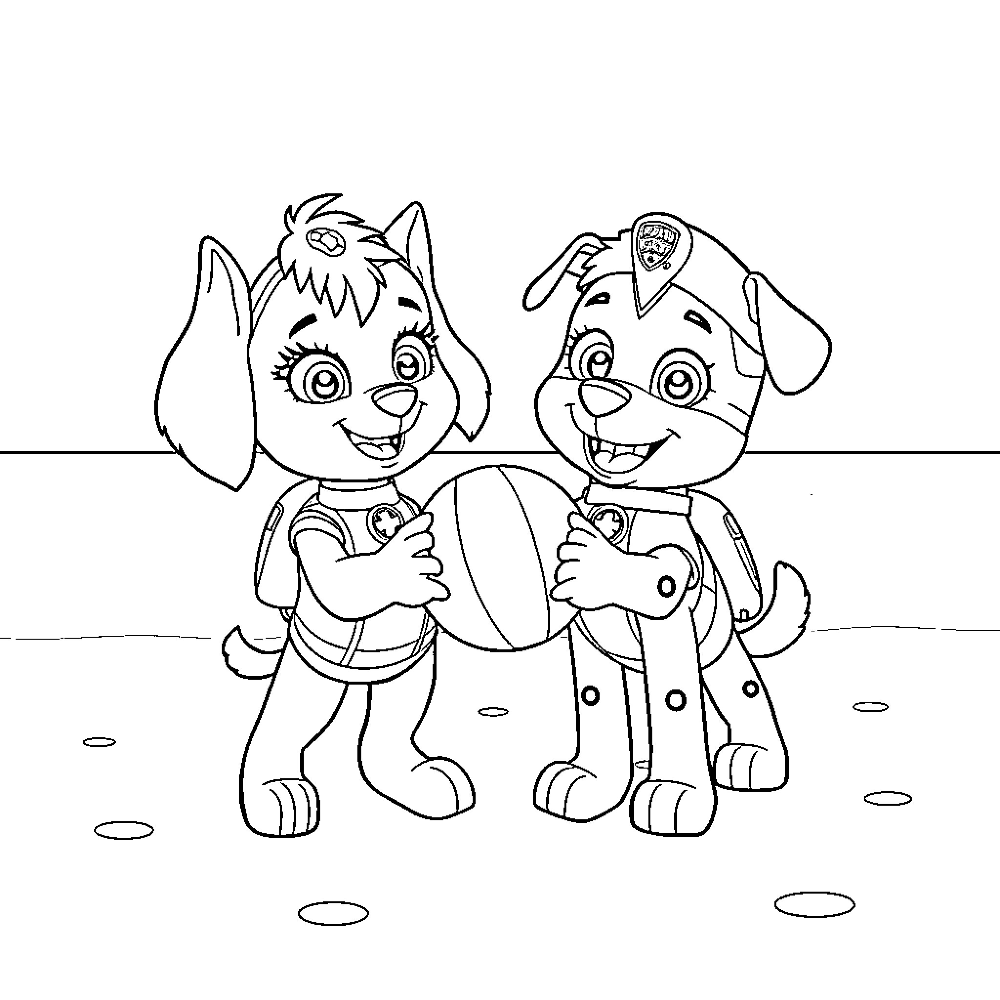 Skye and Paw Patrol Puppy Playing Together Coloring Page (free black-and-white line drawing printable PDF for all, from beginners to advanced learners, including children, teens, adults, and seniors)