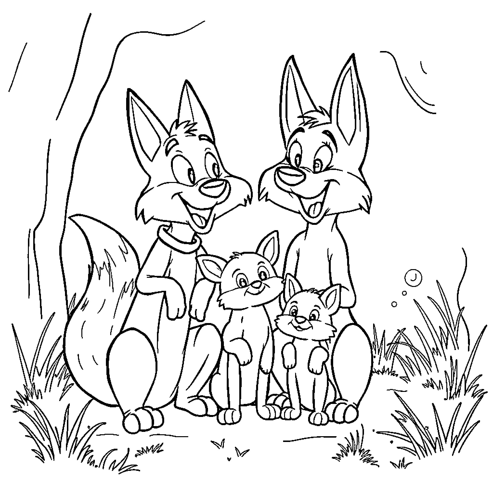 Coyote family happily exploring the wilderness Coloring Page (free black-and-white line drawing printable PDF for all, from beginners to advanced learners, including children, teens, adults, and seniors)