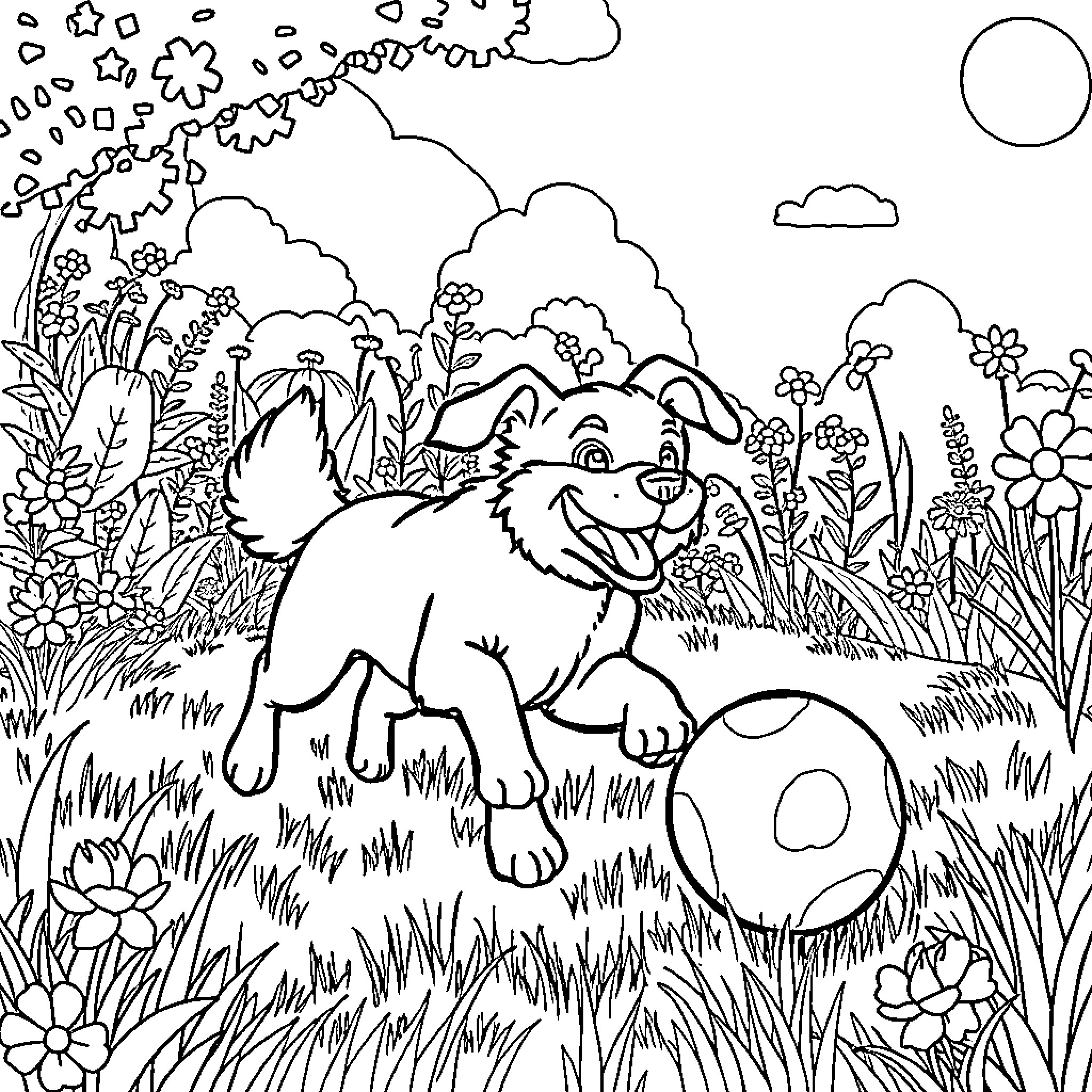Dog playing with ball in the garden Coloring Page (free black-and-white line drawing printable PDF for all, from beginners to advanced learners, including children, teens, adults, and seniors)