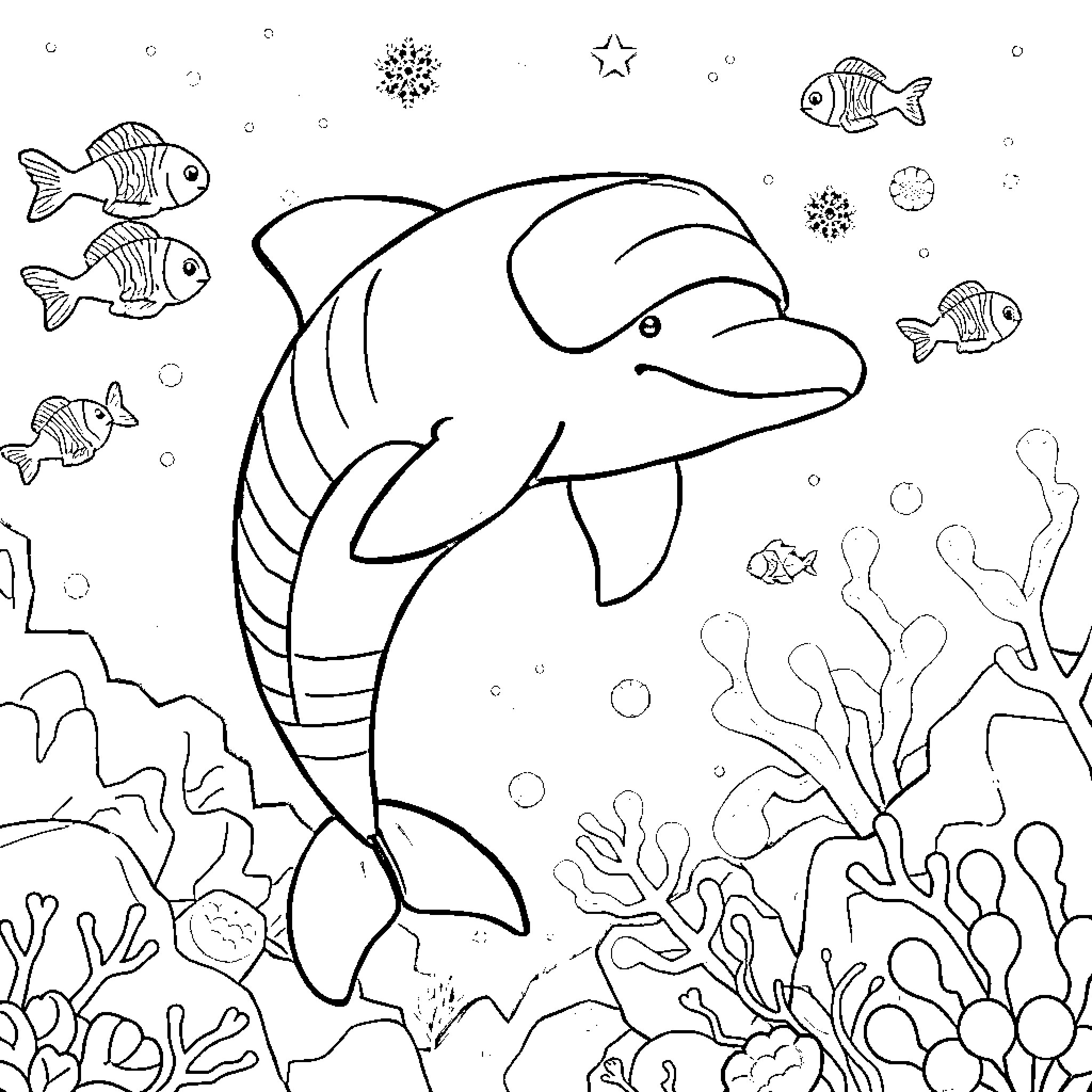 Dolphin swimming among colorful underwater sea creatures Coloring Page (free black-and-white line drawing printable PDF for all, from beginners to advanced learners, including children, teens, adults, and seniors)