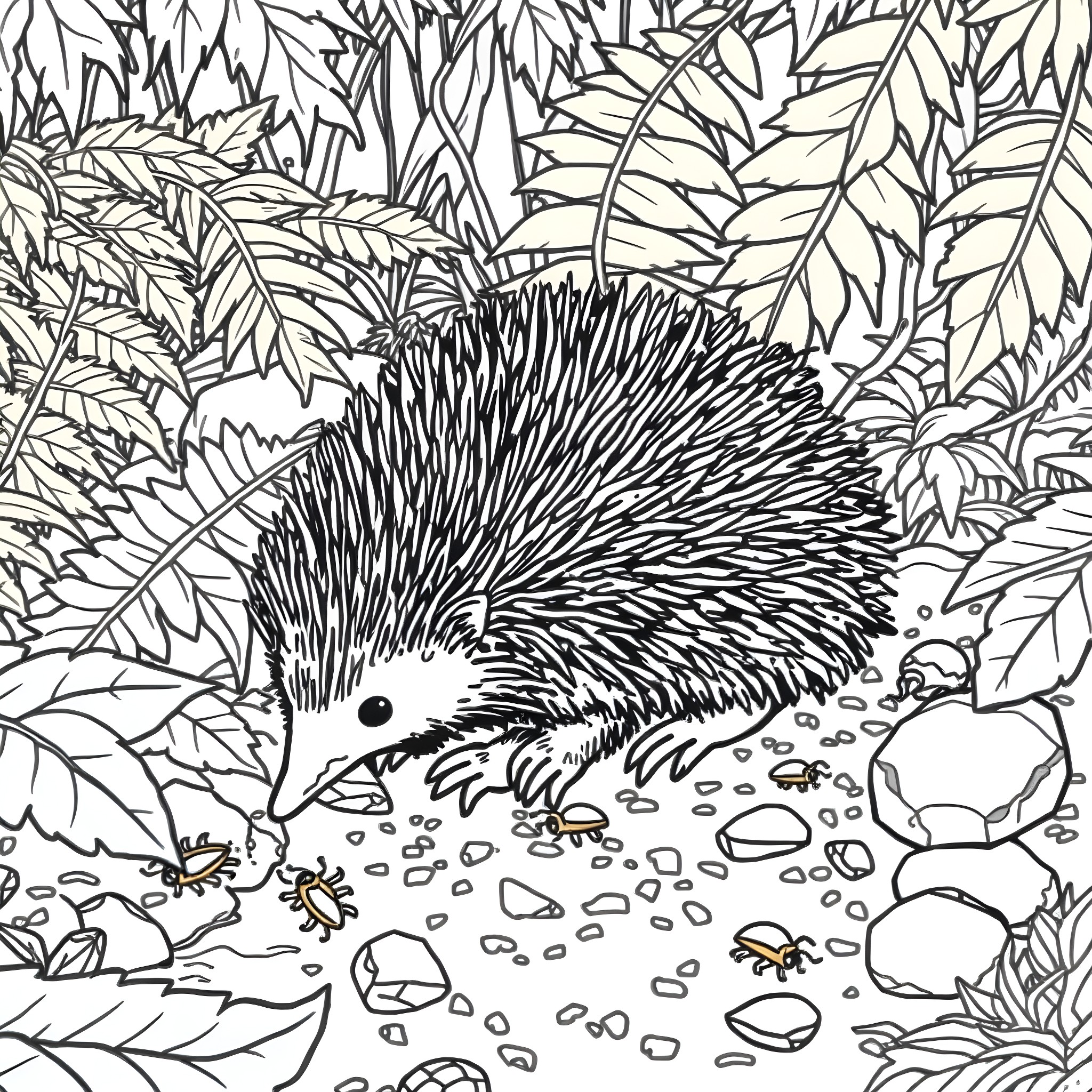 Echidna amidst the verdant foliage Coloring Page (free black-and-white line drawing printable PDF for all, from beginners to advanced learners, including children, teens, adults, and seniors)