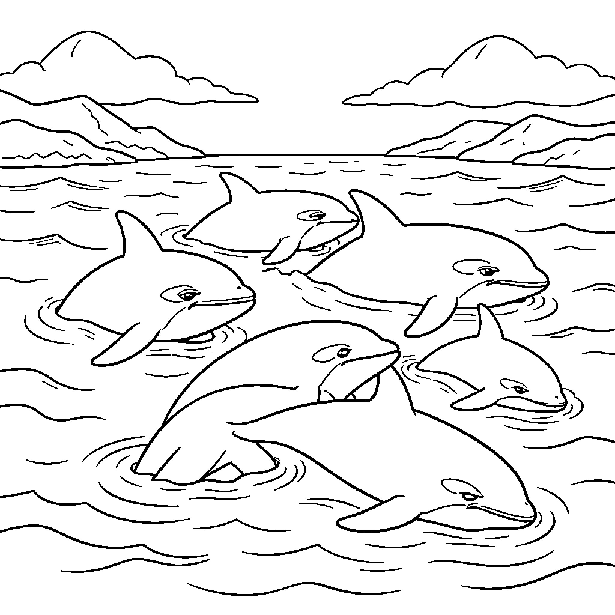 Killer Whale group swimming together in the ocean waves Coloring Page (free black-and-white line drawing printable PDF for all, from beginners to advanced learners, including children, teens, adults, and seniors)