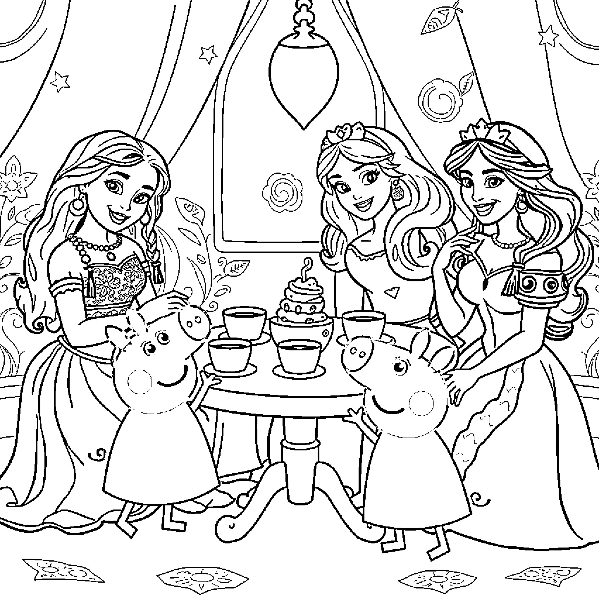 Disney Princess Tea Party with Friends Coloring Page (free black-and-white line drawing printable PDF for all, from beginners to advanced learners, including children, teens, adults, and seniors)
