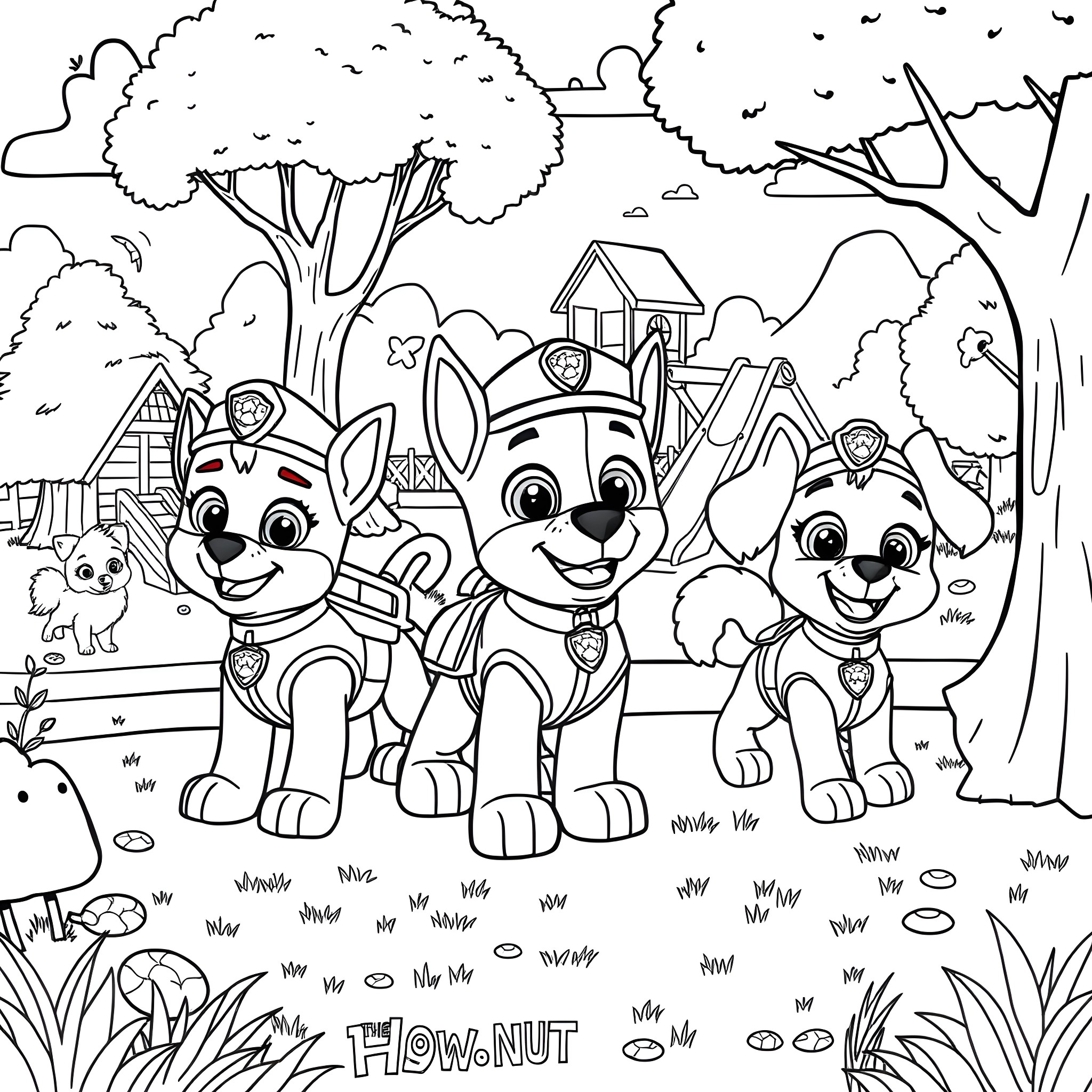 Paw Patrol Pups on an Outdoor Adventure Coloring Page (free black-and-white line drawing printable PDF for all, from beginners to advanced learners, including children, teens, adults, and seniors)