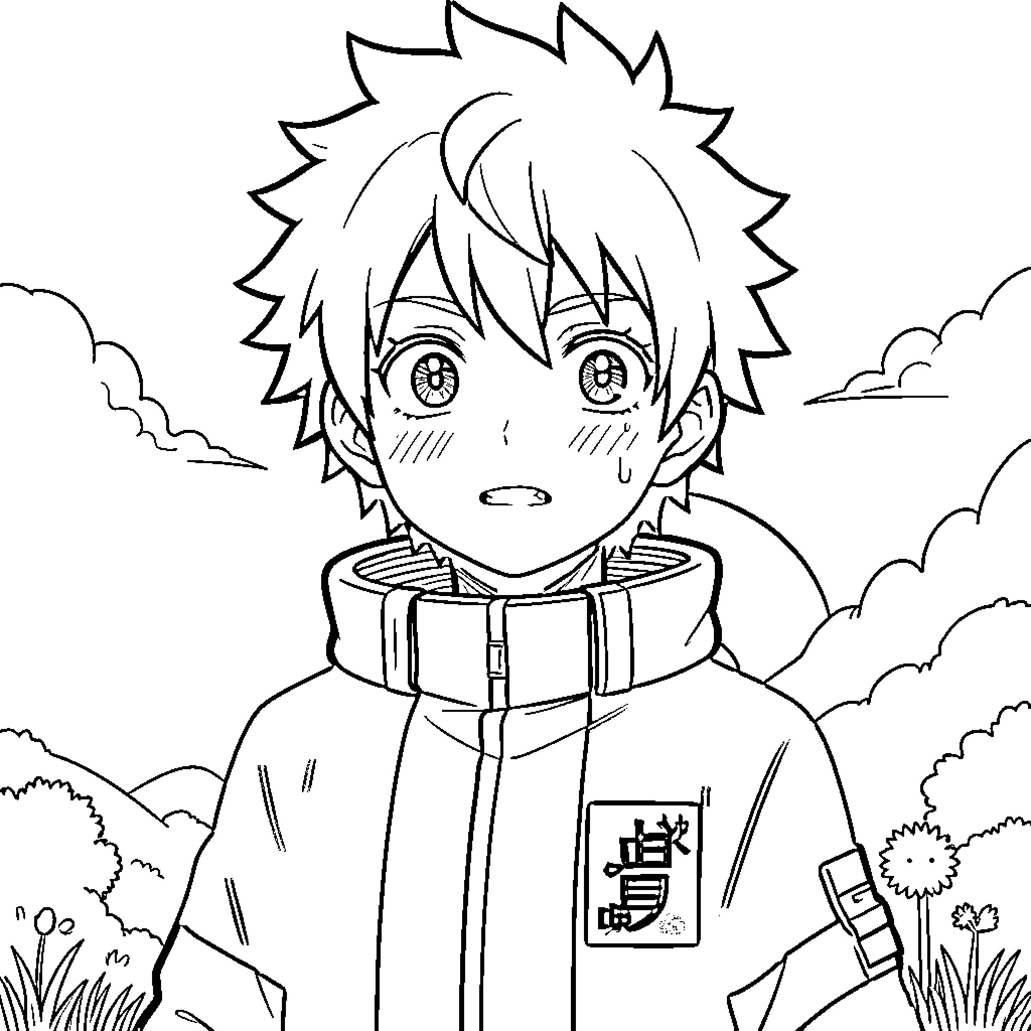 TBHK Kid with surprised expression in nature Coloring Page (free black-and-white line drawing printable PDF for all, from beginners to advanced learners, including children, teens, adults, and seniors)