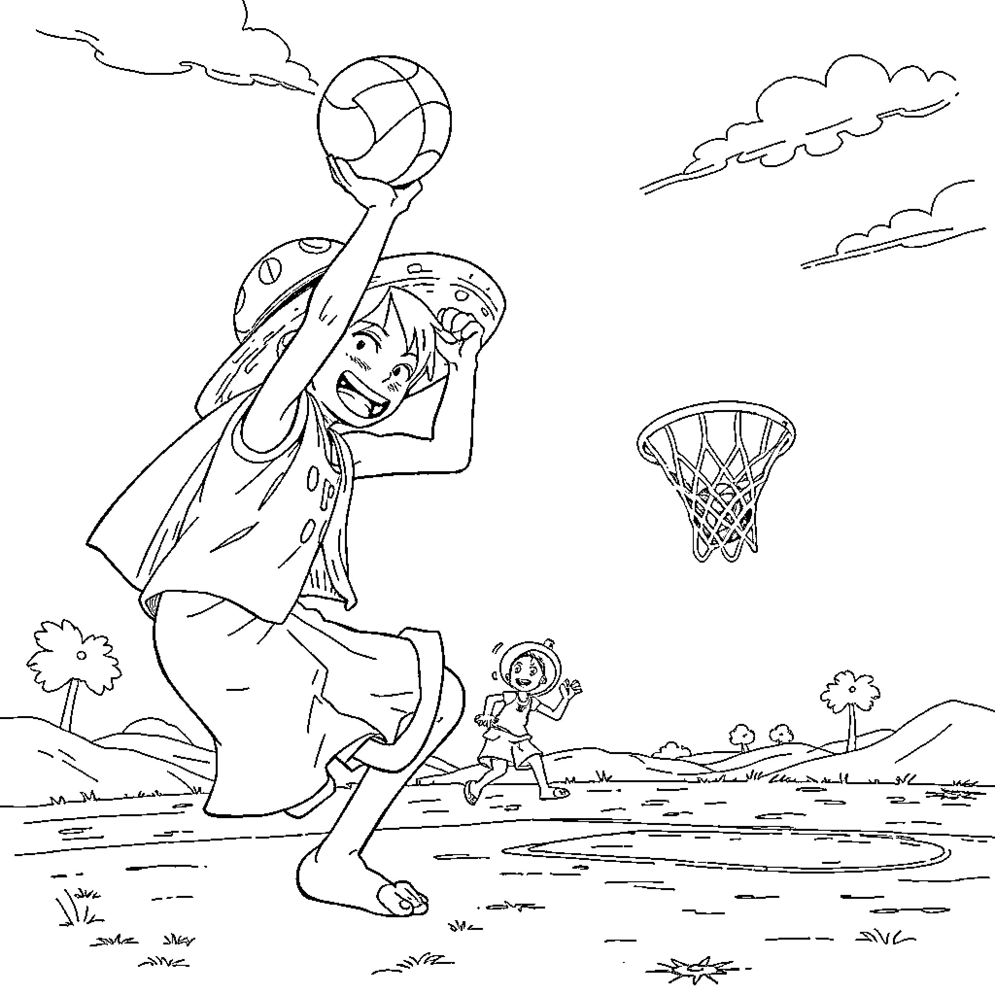 Luffy playing basketball with friends in the park Coloring Page (free black-and-white line drawing printable PDF for all, from beginners to advanced learners, including children, teens, adults, and seniors)