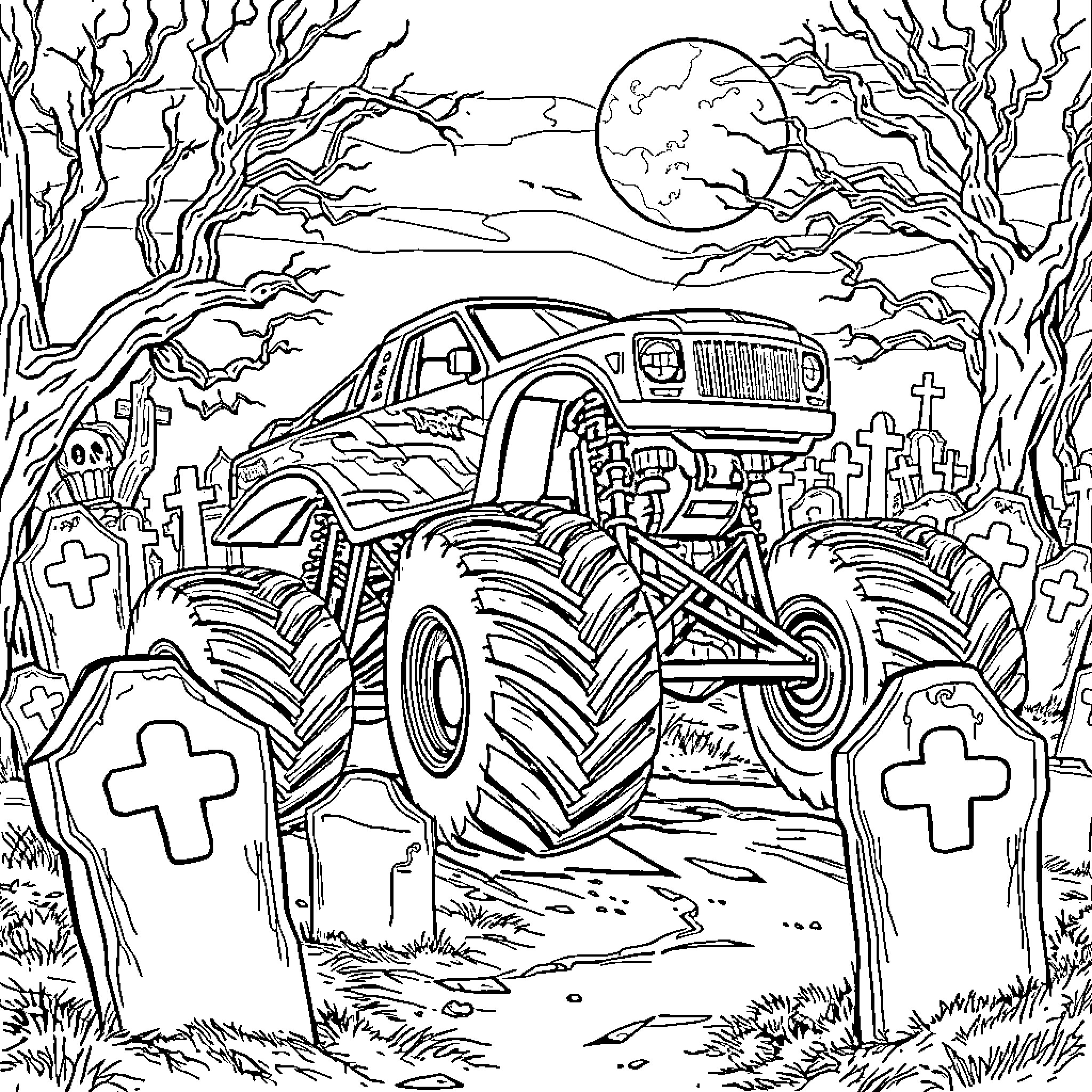Monster Truck Crushing Through Spooky Graveyard Coloring Page (free black-and-white line drawing printable PDF for all, from beginners to advanced learners, including children, teens, adults, and seniors)