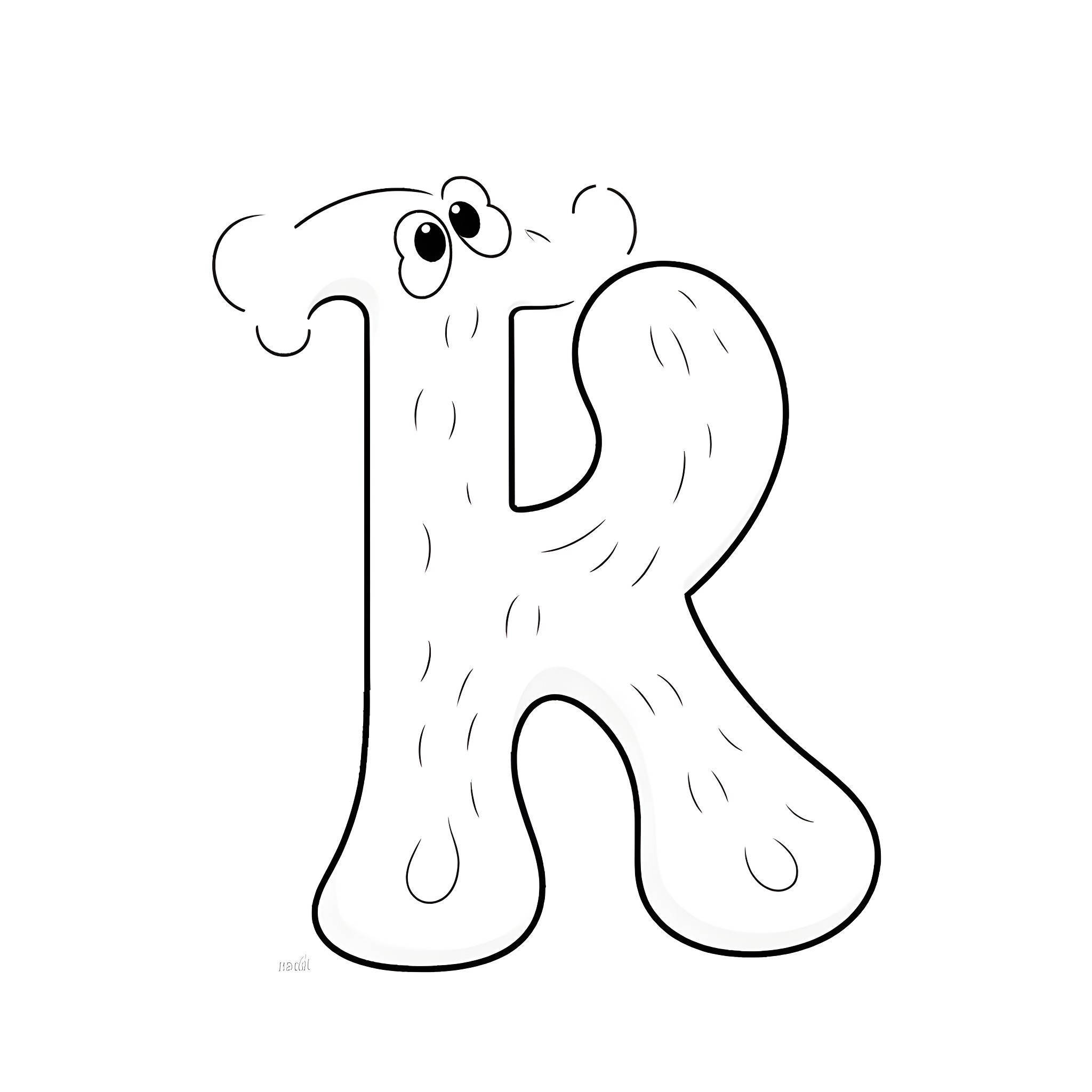 Alphabet letter R with expressive facial features Coloring Page (free black-and-white line drawing printable PDF for all, from beginners to advanced learners, including children, teens, adults, and seniors)