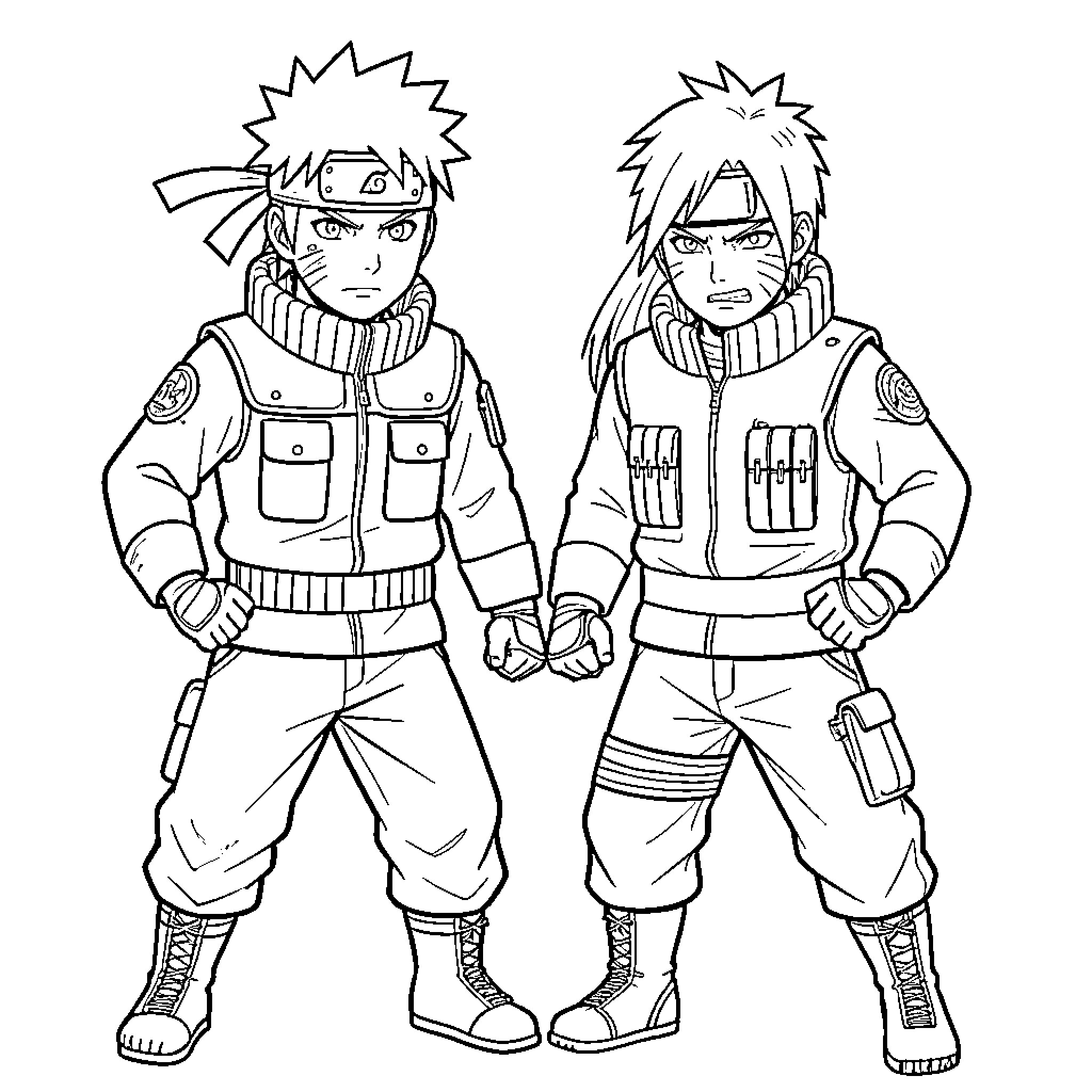 Naruto and Boruto standing in determined battle poses Coloring Page (free black-and-white line drawing printable PDF for all, from beginners to advanced learners, including children, teens, adults, and seniors)
