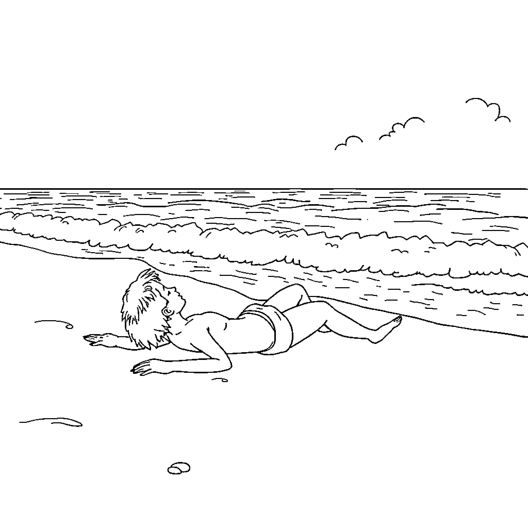 Beach scene with person relaxing on sand Coloring Page (free black-and-white line drawing printable PDF for all, from beginners to advanced learners, including children, teens, adults, and seniors)