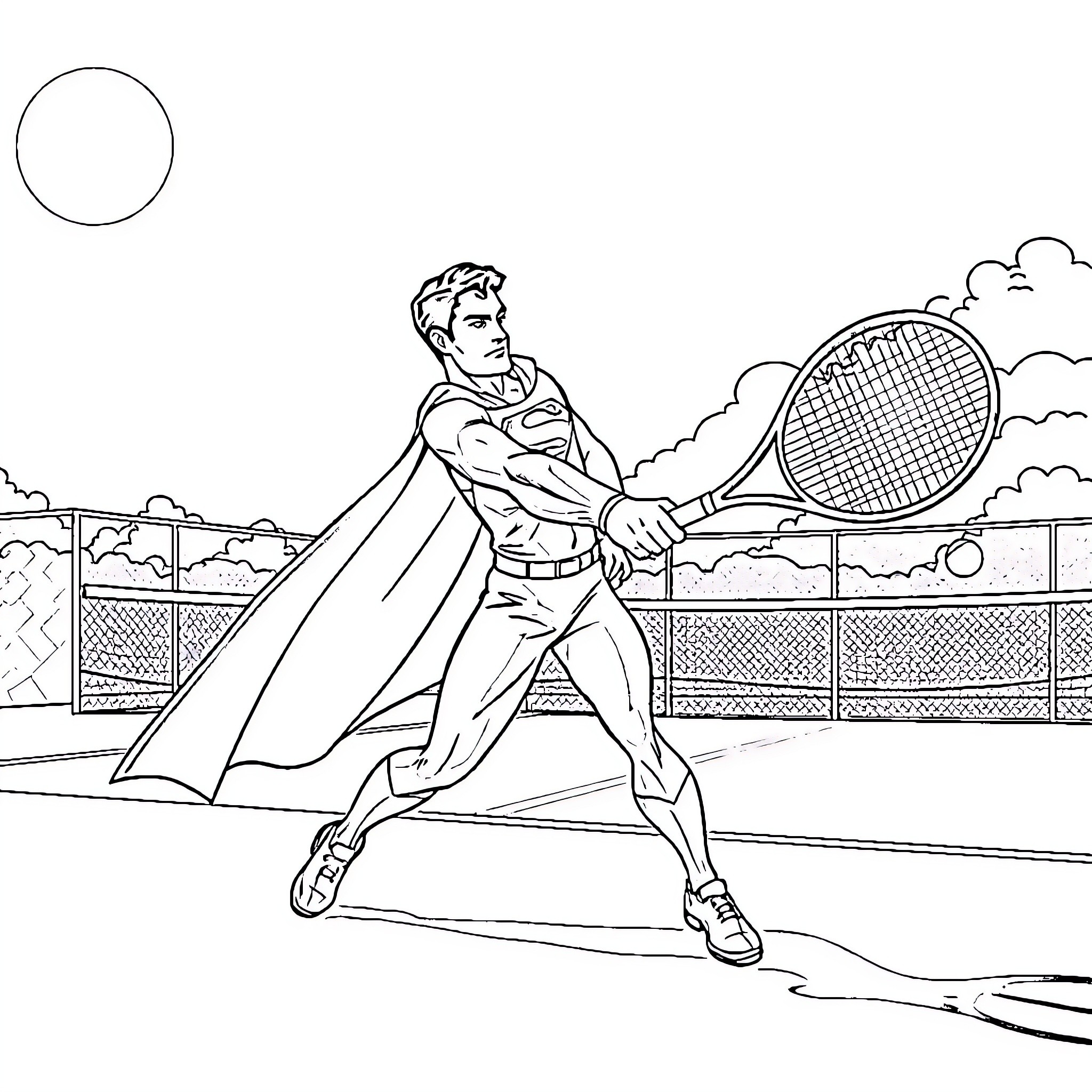 Superman playing tennis on the court Coloring Page (free black-and-white line drawing printable PDF for all, from beginners to advanced learners, including children, teens, adults, and seniors)