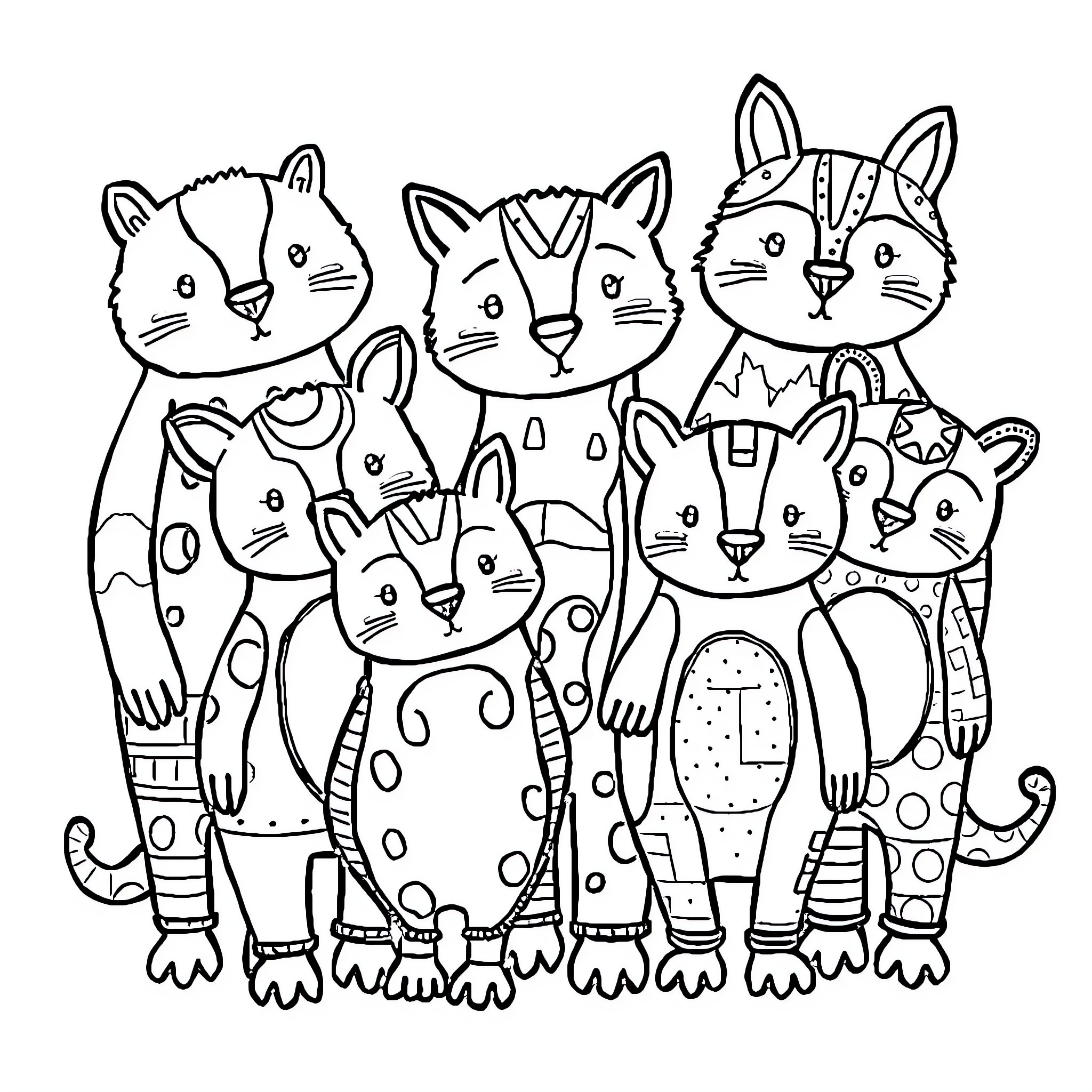 Patchwork Pal Cats Gathered Together Coloring Page (free black-and-white line drawing printable PDF for all, from beginners to advanced learners, including children, teens, adults, and seniors)