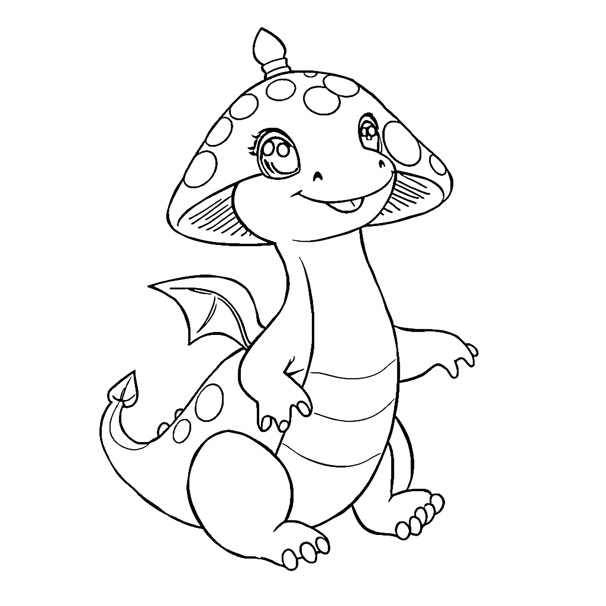 Mushroom Dragon smiling and winking playfully Coloring Page (free black-and-white line drawing printable PDF for all, from beginners to advanced learners, including children, teens, adults, and seniors)