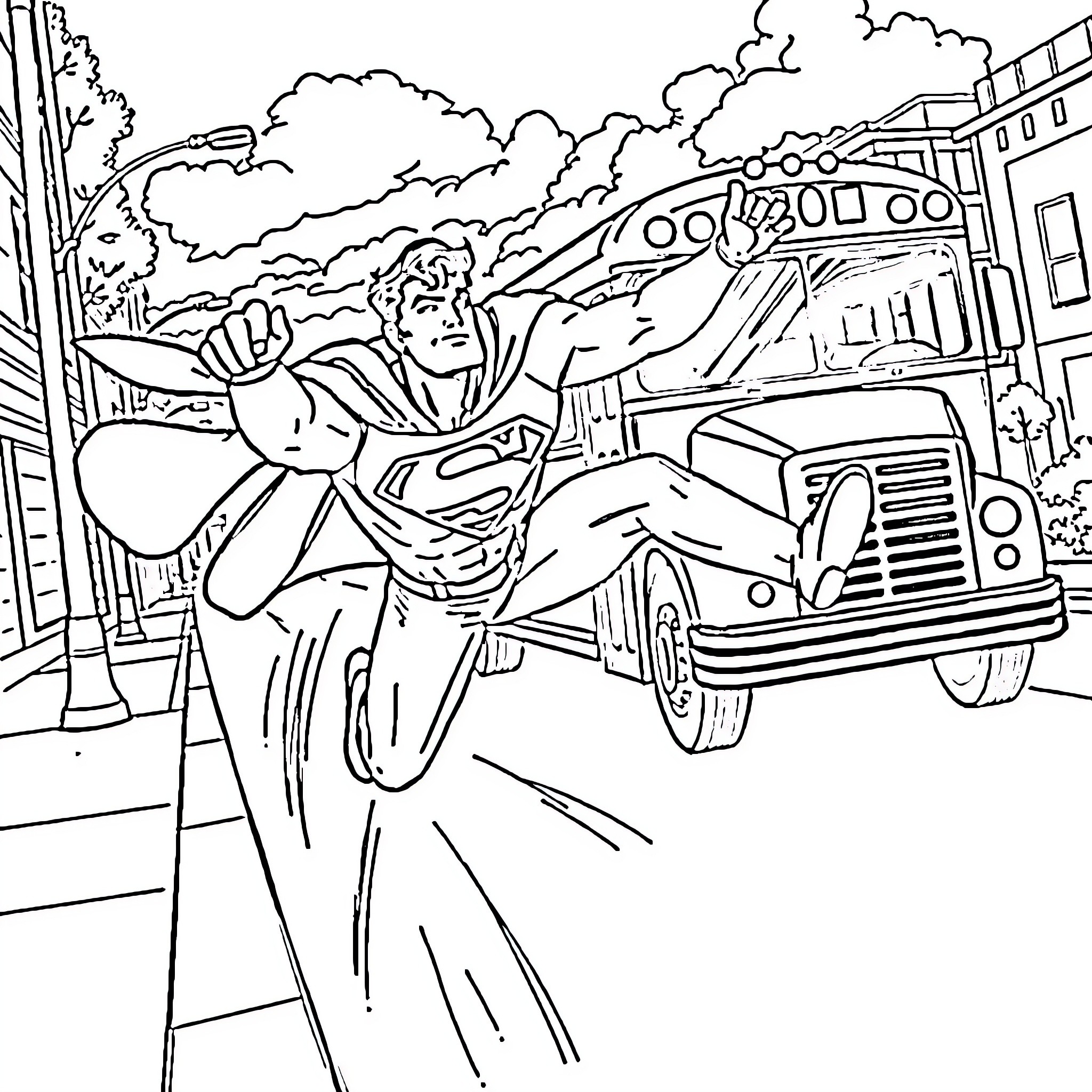 Superman's heroic actions in the city Coloring Page (free black-and-white line drawing printable PDF for all, from beginners to advanced learners, including children, teens, adults, and seniors)