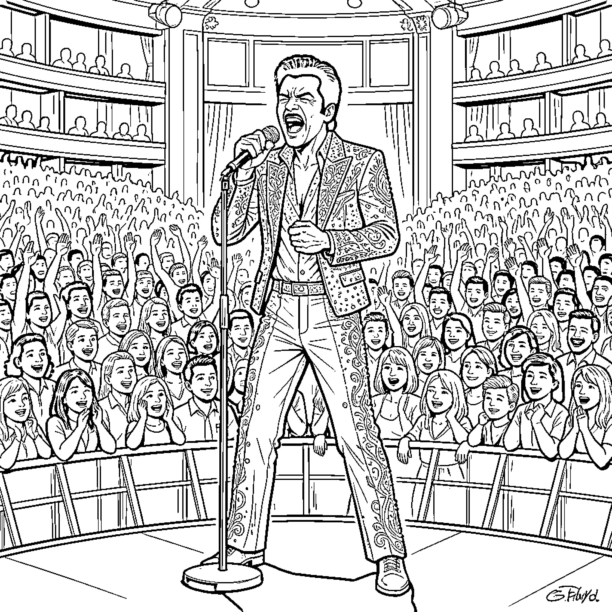 Freddy Mercury's Electrifying Performance on Stage Coloring Page (free black-and-white line drawing printable PDF for all, from beginners to advanced learners, including children, teens, adults, and seniors)
