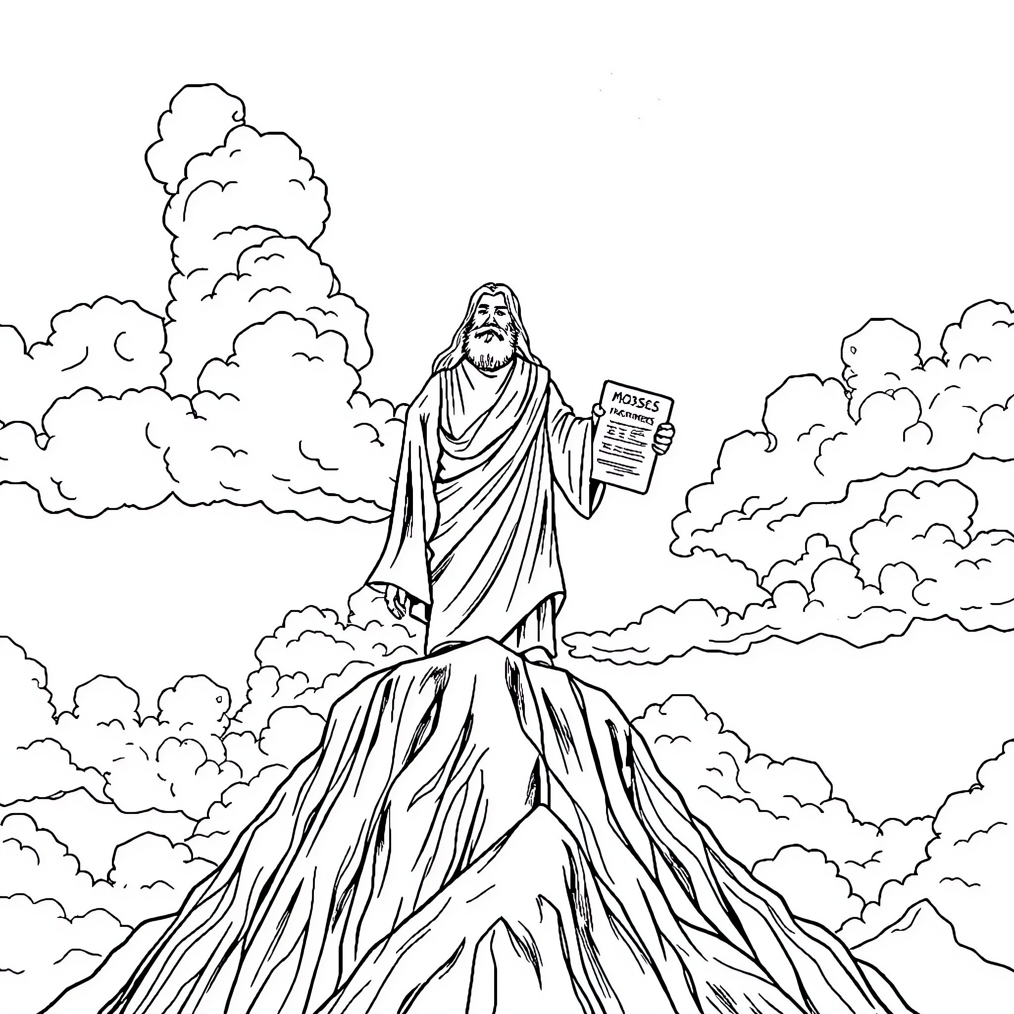 Moses holding the Ten Commandments on a mountain Coloring Page (free black-and-white line drawing printable PDF for all, from beginners to advanced learners, including children, teens, adults, and seniors)