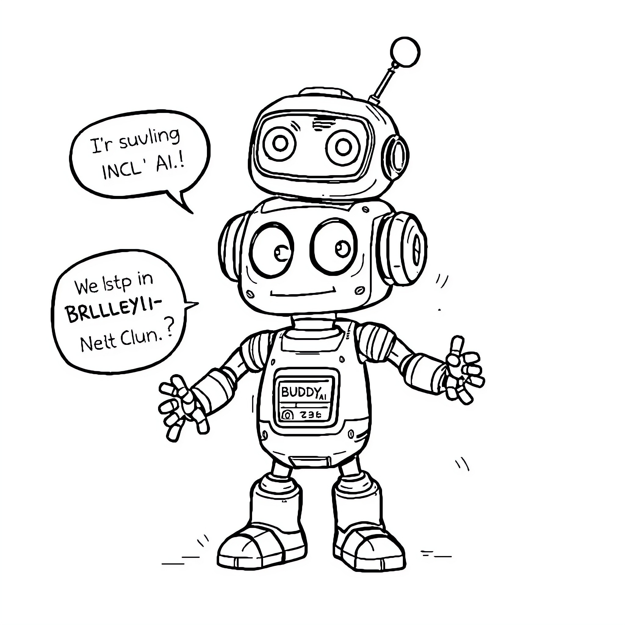 Robot expressing confusion and excitement Coloring Page (free black-and-white line drawing printable PDF for all, from beginners to advanced learners, including children, teens, adults, and seniors)