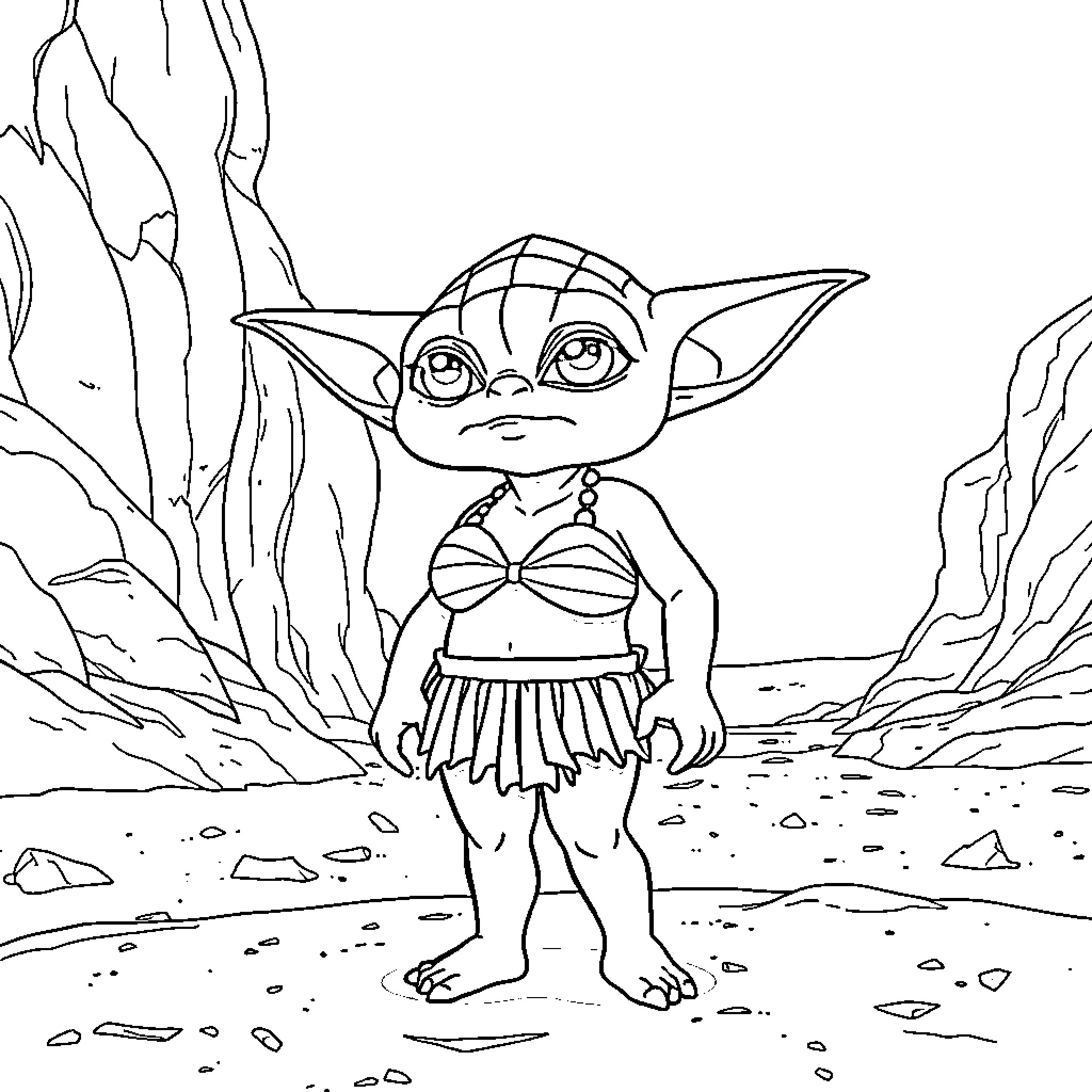 Yoda in tropical island setting with tribal wear Coloring Page (free black-and-white line drawing printable PDF for all, from beginners to advanced learners, including children, teens, adults, and seniors)