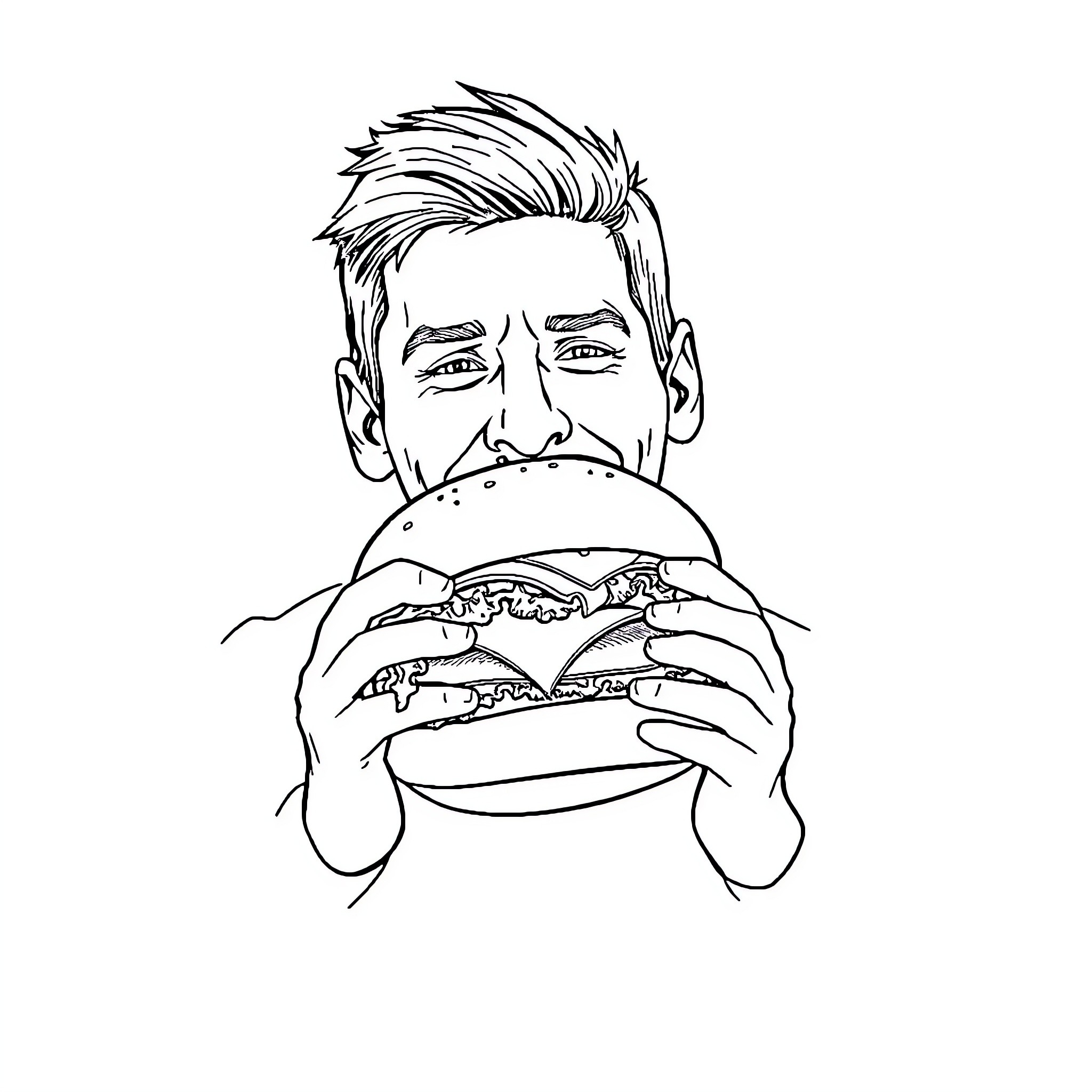 Messi eagerly enjoying a delicious hamburger Coloring Page (free black-and-white line drawing printable PDF for all, from beginners to advanced learners, including children, teens, adults, and seniors)