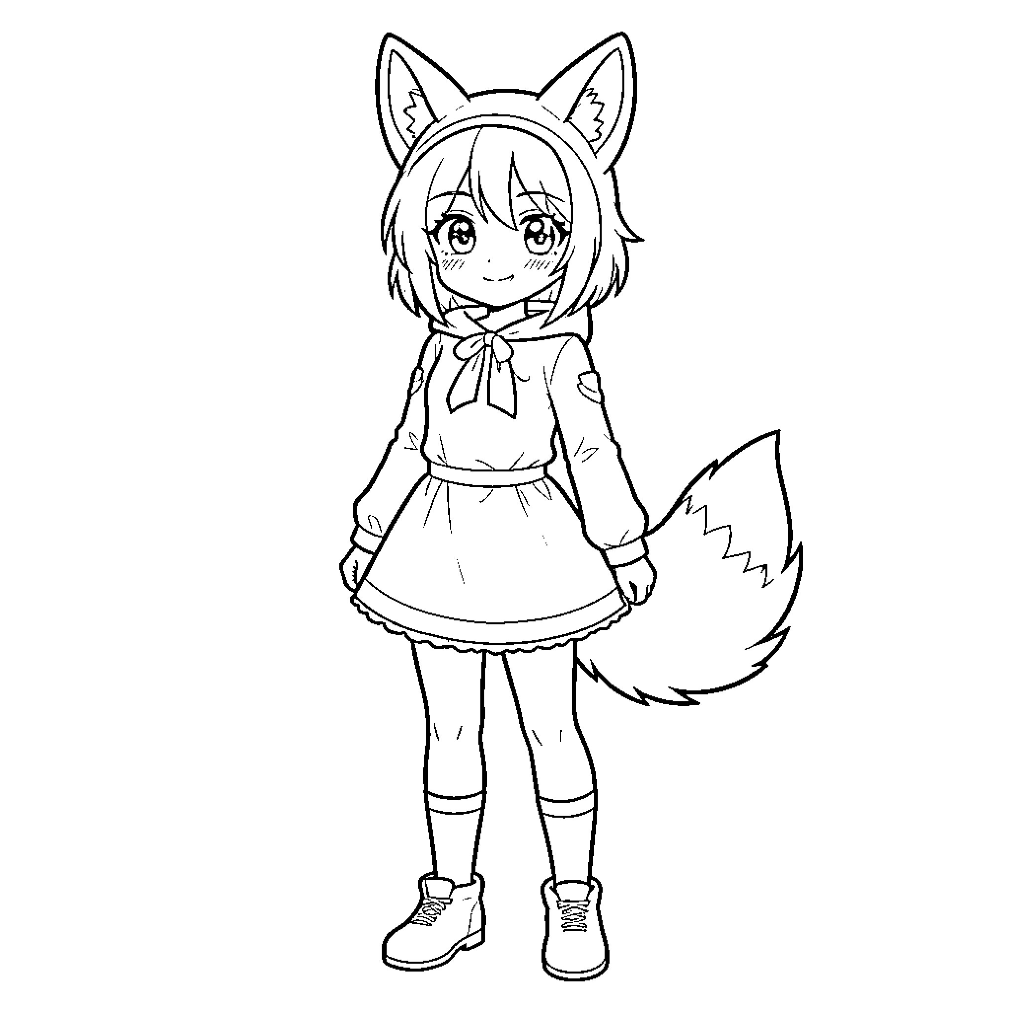 Anime Girl with fox ears wearing a cute dress Coloring Page (free black-and-white line drawing printable PDF for all, from beginners to advanced learners, including children, teens, adults, and seniors)