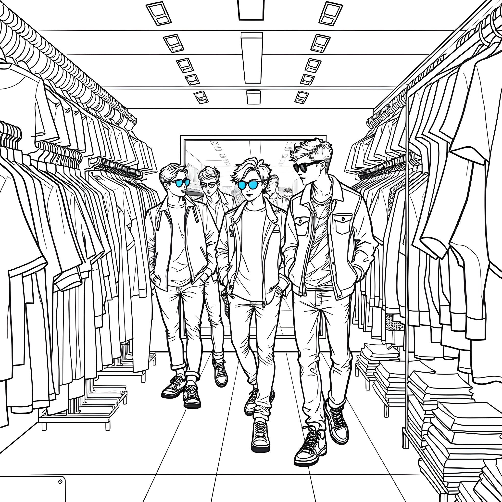 Teen Guys Casually Strolling Through a Clothing Store Coloring Page (free black-and-white line drawing printable PDF for all, from beginners to advanced learners, including children, teens, adults, and seniors)