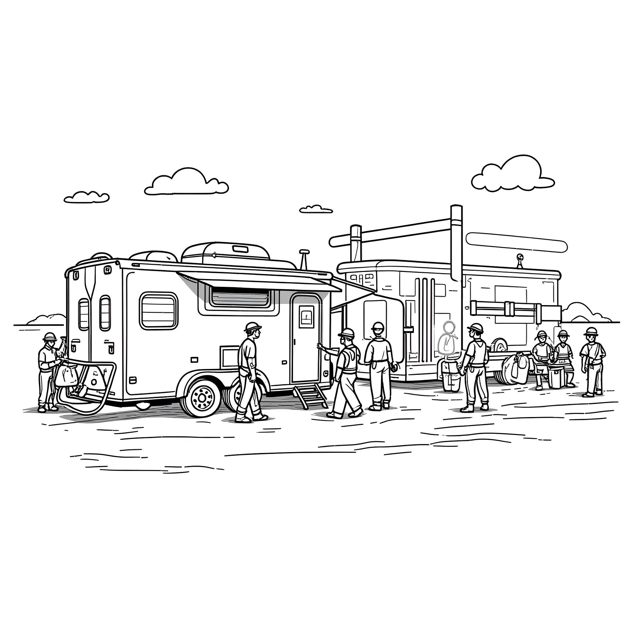 Service Trailer Assisting Customers in Outdoor Setting Coloring Page (free black-and-white line drawing printable PDF for all, from beginners to advanced learners, including children, teens, adults, and seniors)