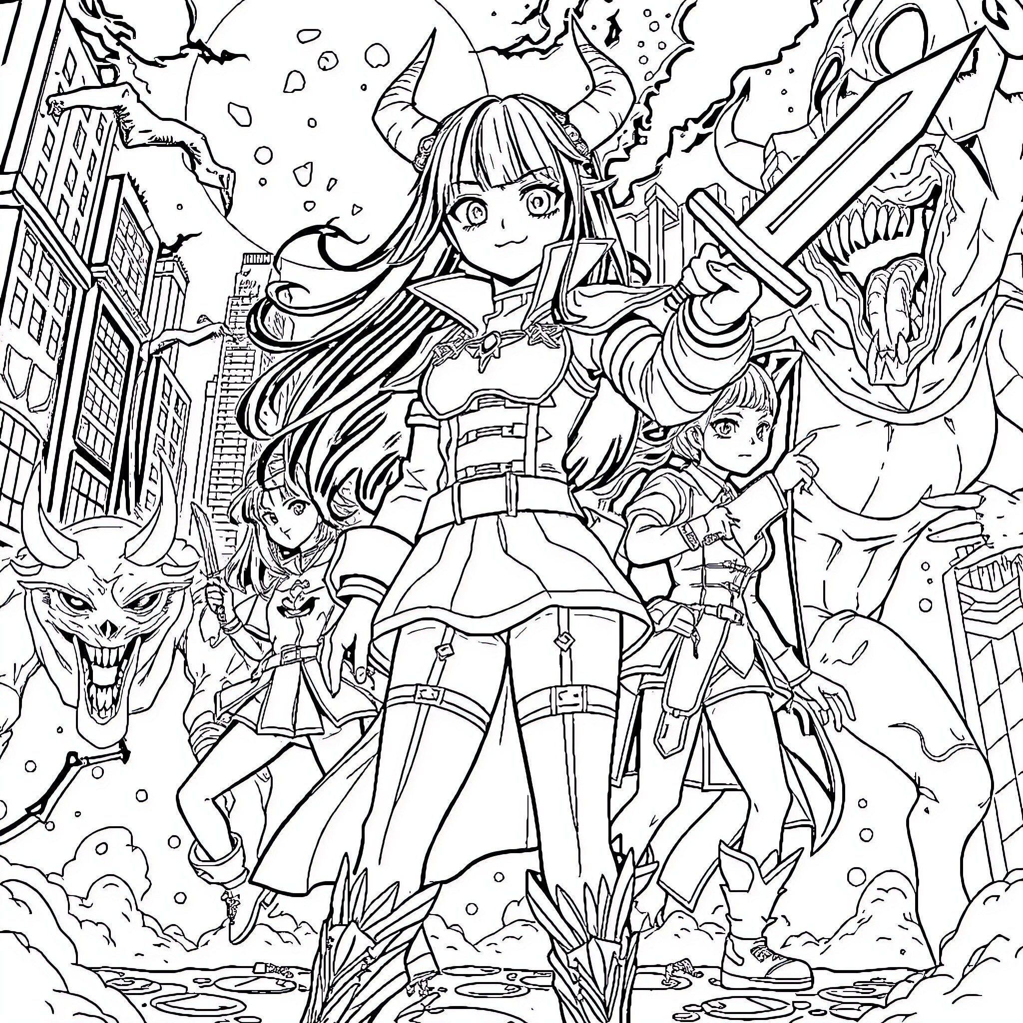 Rumi's Fantastical Adventure in the Supernatural City Coloring Page (free black-and-white line drawing printable PDF for all, from beginners to advanced learners, including children, teens, adults, and seniors)