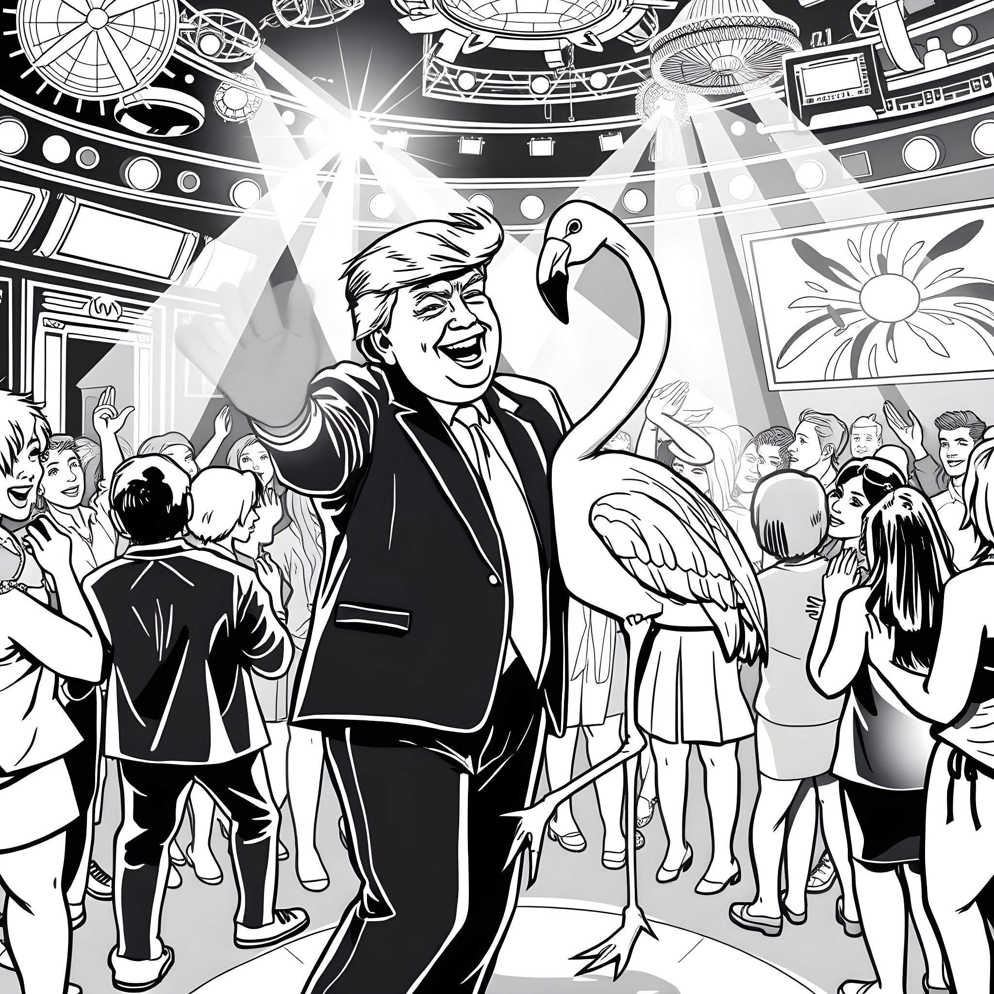Donald Trump Celebrating Amidst Cheering Crowd Coloring Page (free black-and-white line drawing printable PDF for all, from beginners to advanced learners, including children, teens, adults, and seniors)