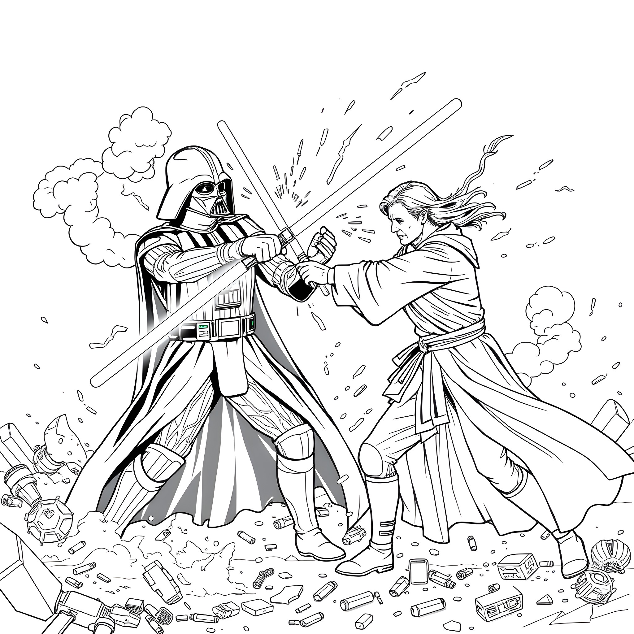Darth Vader and the Jedi Knight in Fierce Battle Coloring Page (free black-and-white line drawing printable PDF for all, from beginners to advanced learners, including children, teens, adults, and seniors)
