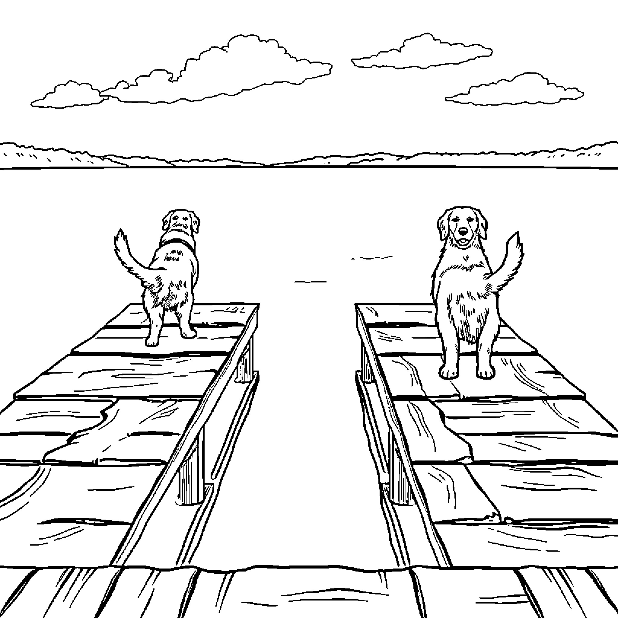 Golden Retrievers enjoying the outdoors on a dock Coloring Page (free black-and-white line drawing printable PDF for all, from beginners to advanced learners, including children, teens, adults, and seniors)