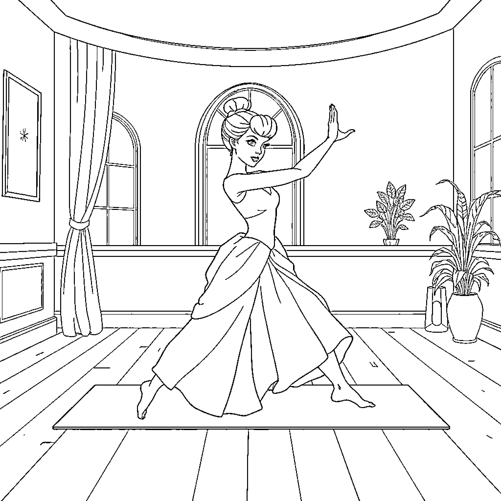 Cinderella dancing gracefully in grand ballroom Coloring Page (free black-and-white line drawing printable PDF for all, from beginners to advanced learners, including children, teens, adults, and seniors)