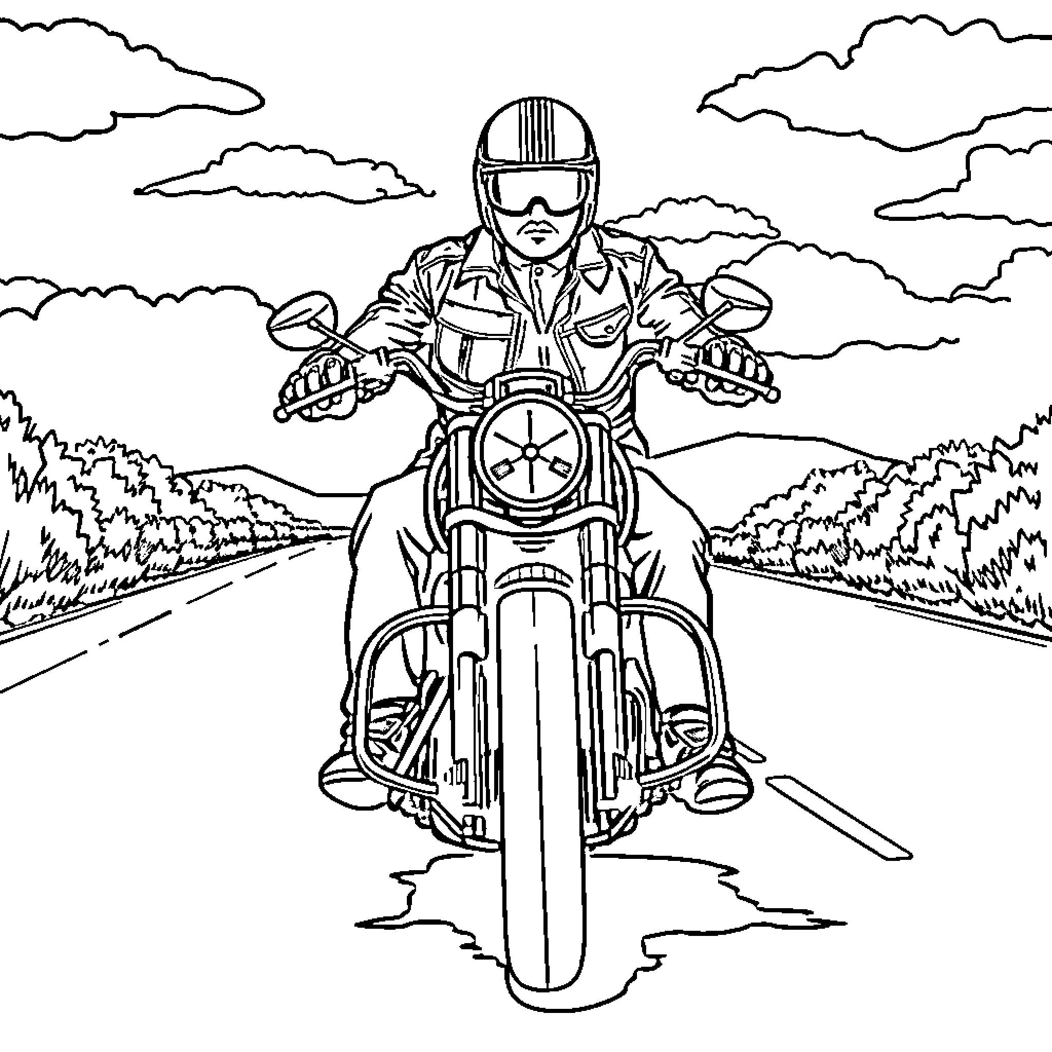 Biker speeding down a country road Coloring Page (free black-and-white line drawing printable PDF for all, from beginners to advanced learners, including children, teens, adults, and seniors)