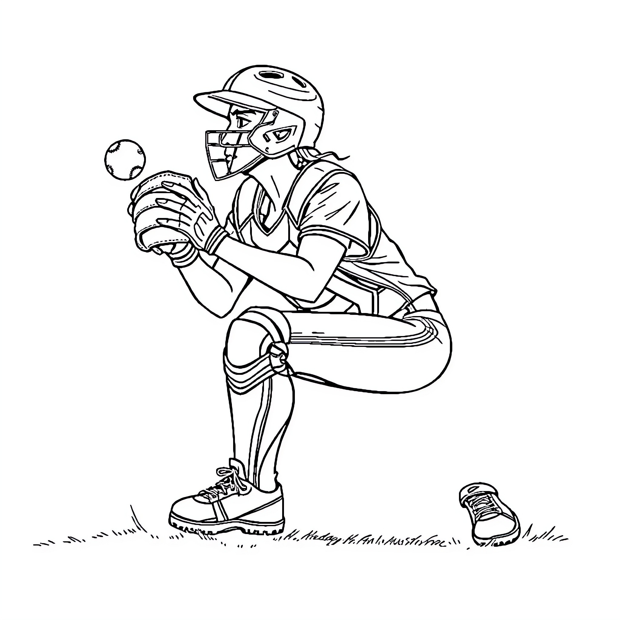 Softball player catching a ball in the field Coloring Page (free black-and-white line drawing printable PDF for all, from beginners to advanced learners, including children, teens, adults, and seniors)