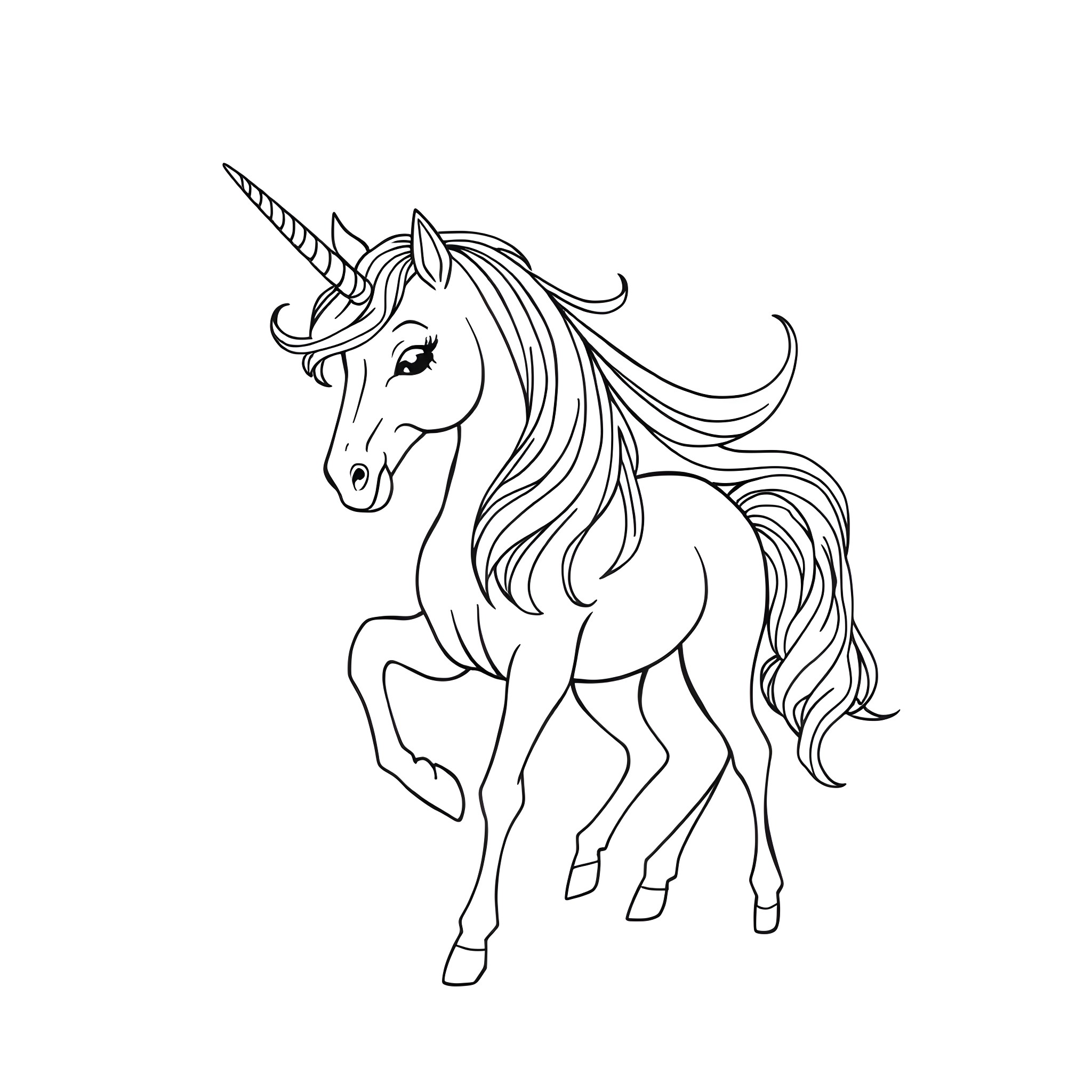 Unicorn galloping gracefully in the wind Coloring Page (free black-and-white line drawing printable PDF for all, from beginners to advanced learners, including children, teens, adults, and seniors)