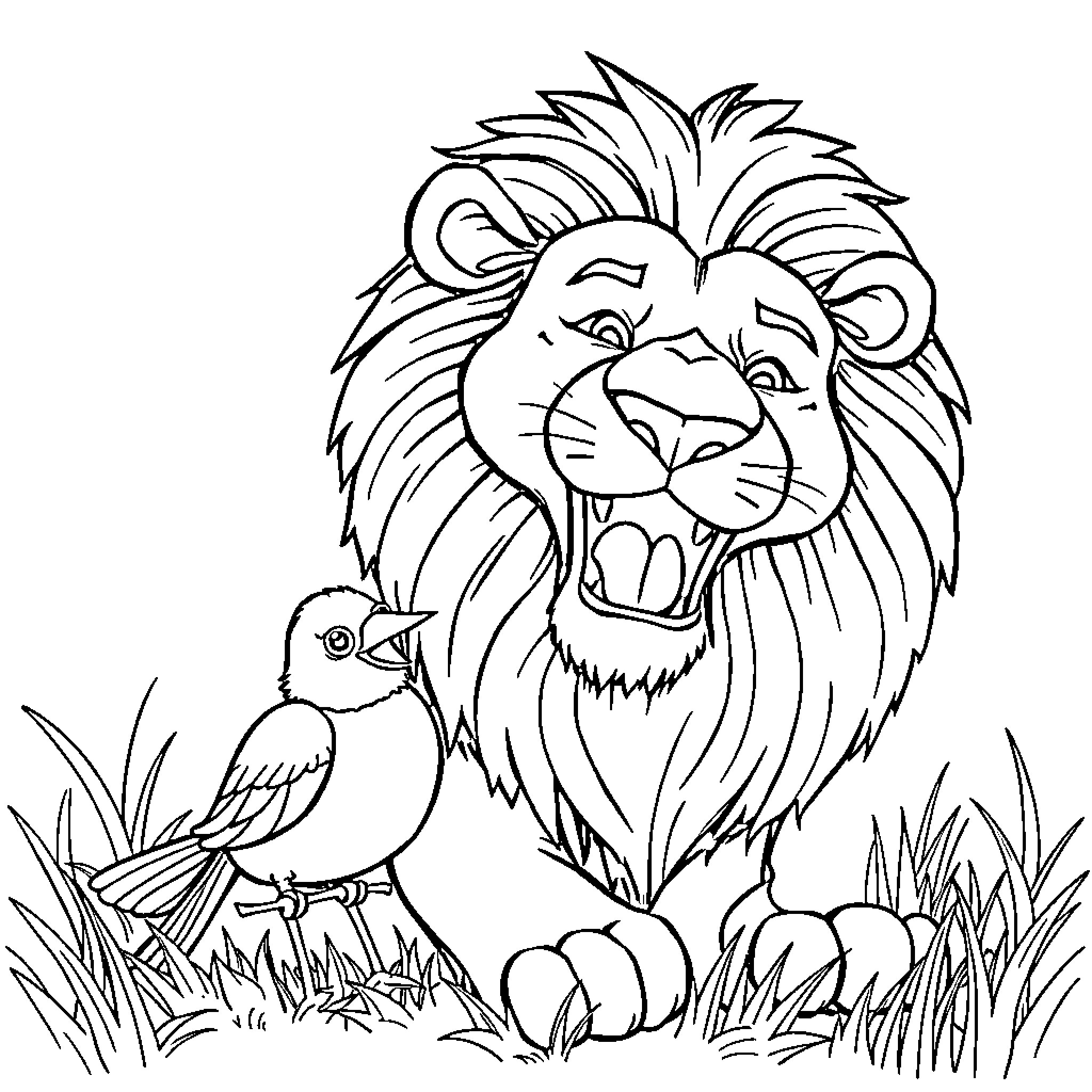 Lion roaring with a small bird nearby Coloring Page (free black-and-white line drawing printable PDF for all, from beginners to advanced learners, including children, teens, adults, and seniors)