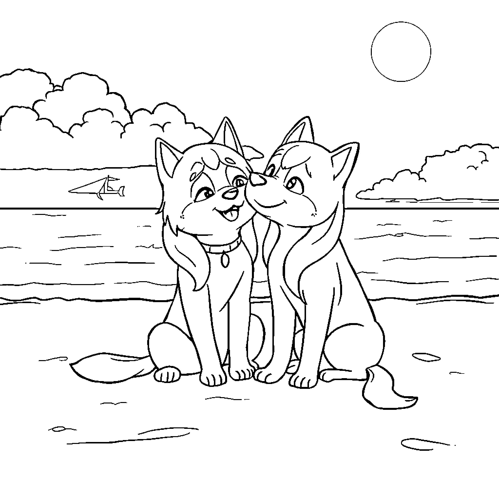 Jinu and Mina's Playful Adventure at the Beach Coloring Page (free black-and-white line drawing printable PDF for all, from beginners to advanced learners, including children, teens, adults, and seniors)