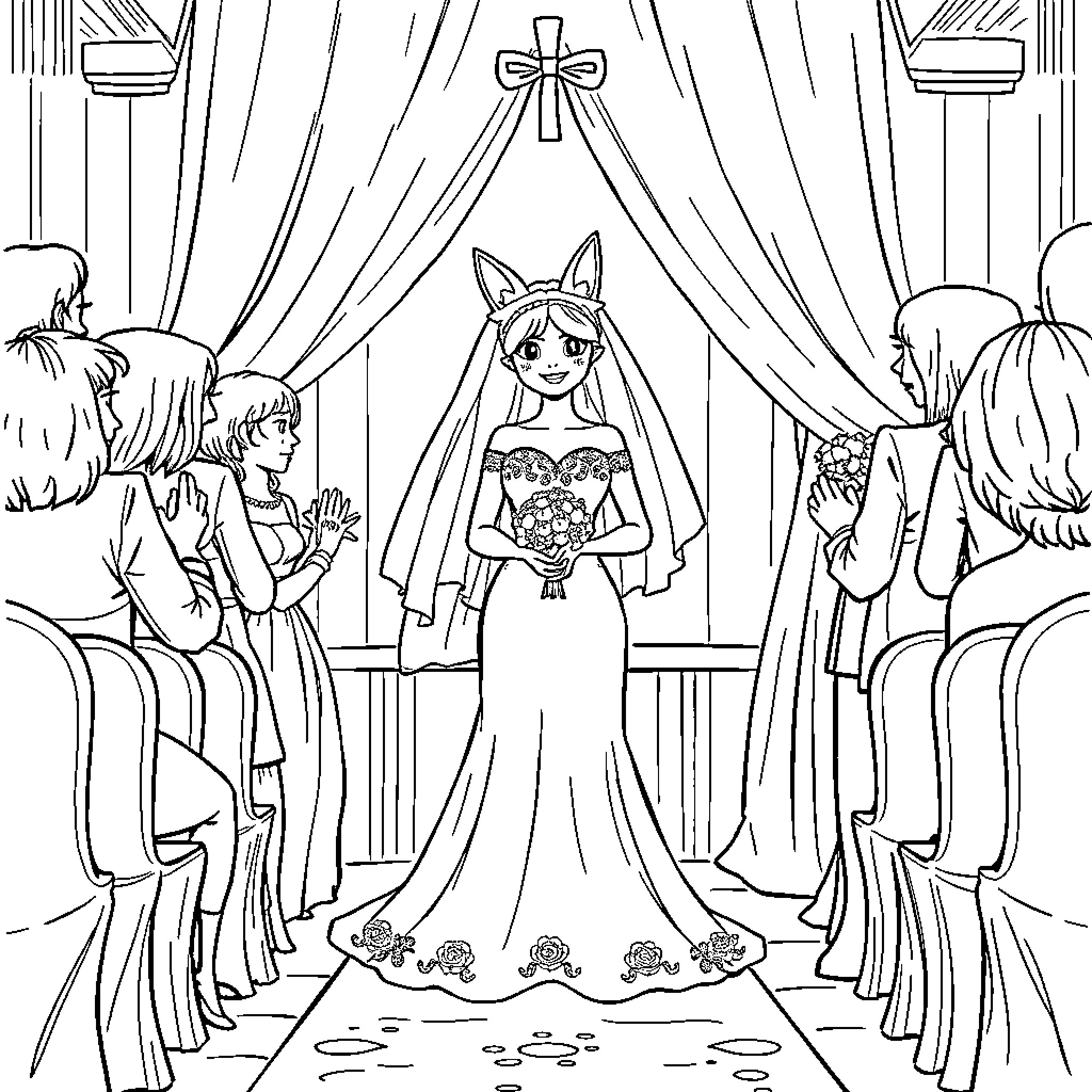 Diane Foxington's Enchanted Wedding Ceremony Coloring Page (free black-and-white line drawing printable PDF for all, from beginners to advanced learners, including children, teens, adults, and seniors)