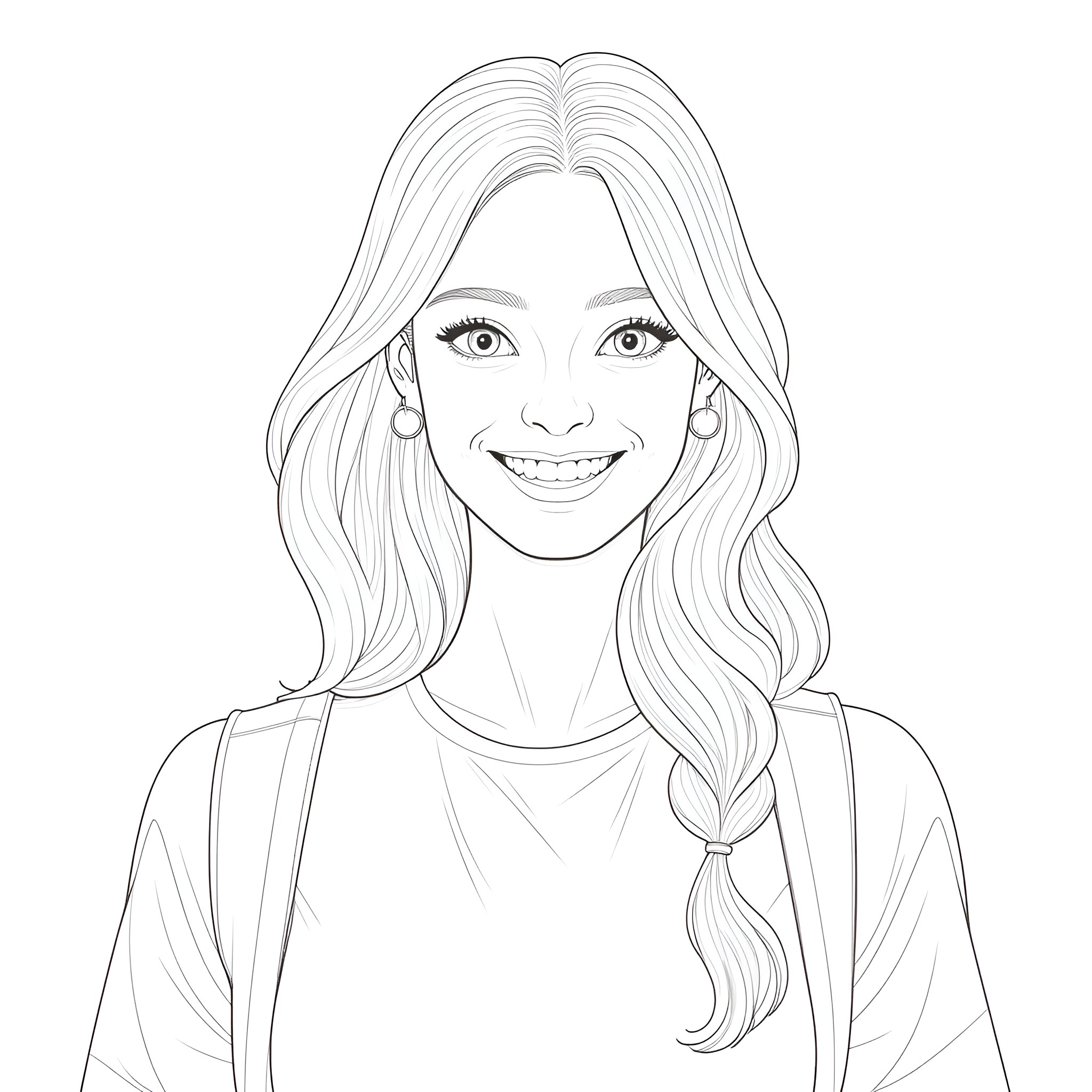 Girl with long hair smiling happily Coloring Page (free black-and-white line drawing printable PDF for all, from beginners to advanced learners, including children, teens, adults, and seniors)