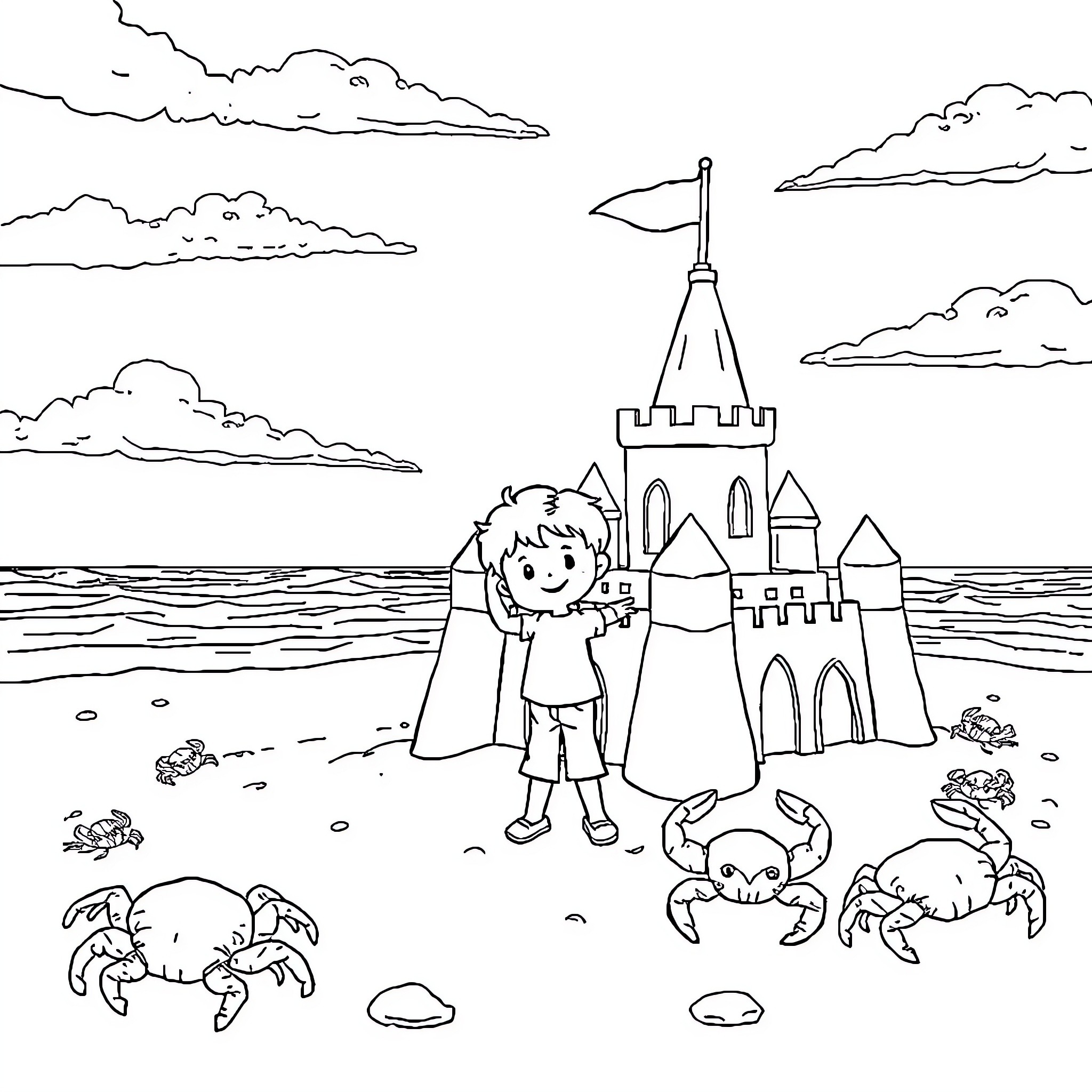 Boy building a sandcastle on the beach Coloring Page (free black-and-white line drawing printable PDF for all, from beginners to advanced learners, including children, teens, adults, and seniors)