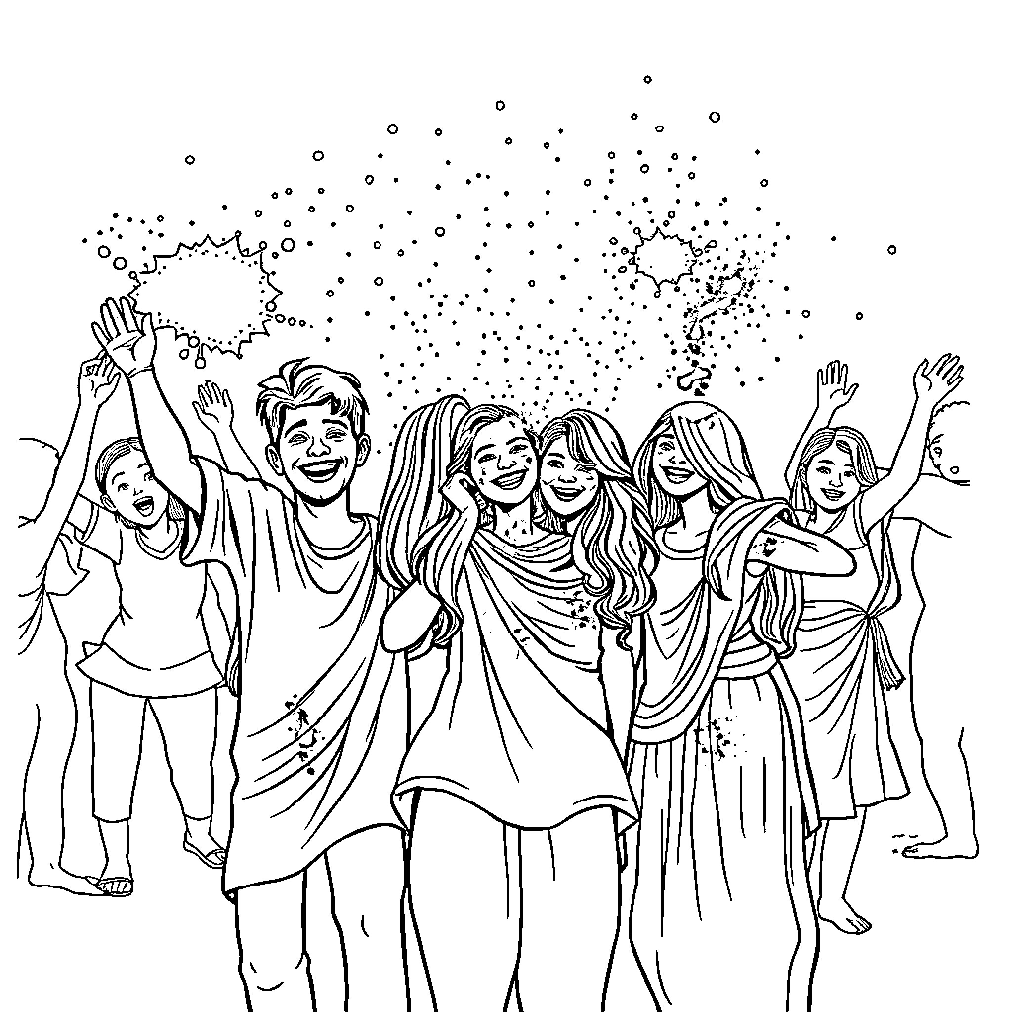 Holi Festival Celebration with Friends Coloring Page (free black-and-white line drawing printable PDF for all, from beginners to advanced learners, including children, teens, adults, and seniors)