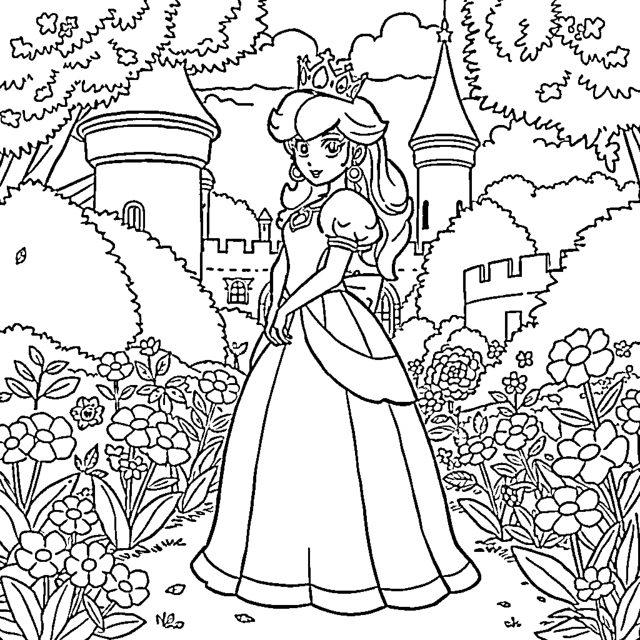 Princess in a Magical Garden Coloring Page (free black-and-white line drawing printable PDF for all, from beginners to advanced learners, including children, teens, adults, and seniors)