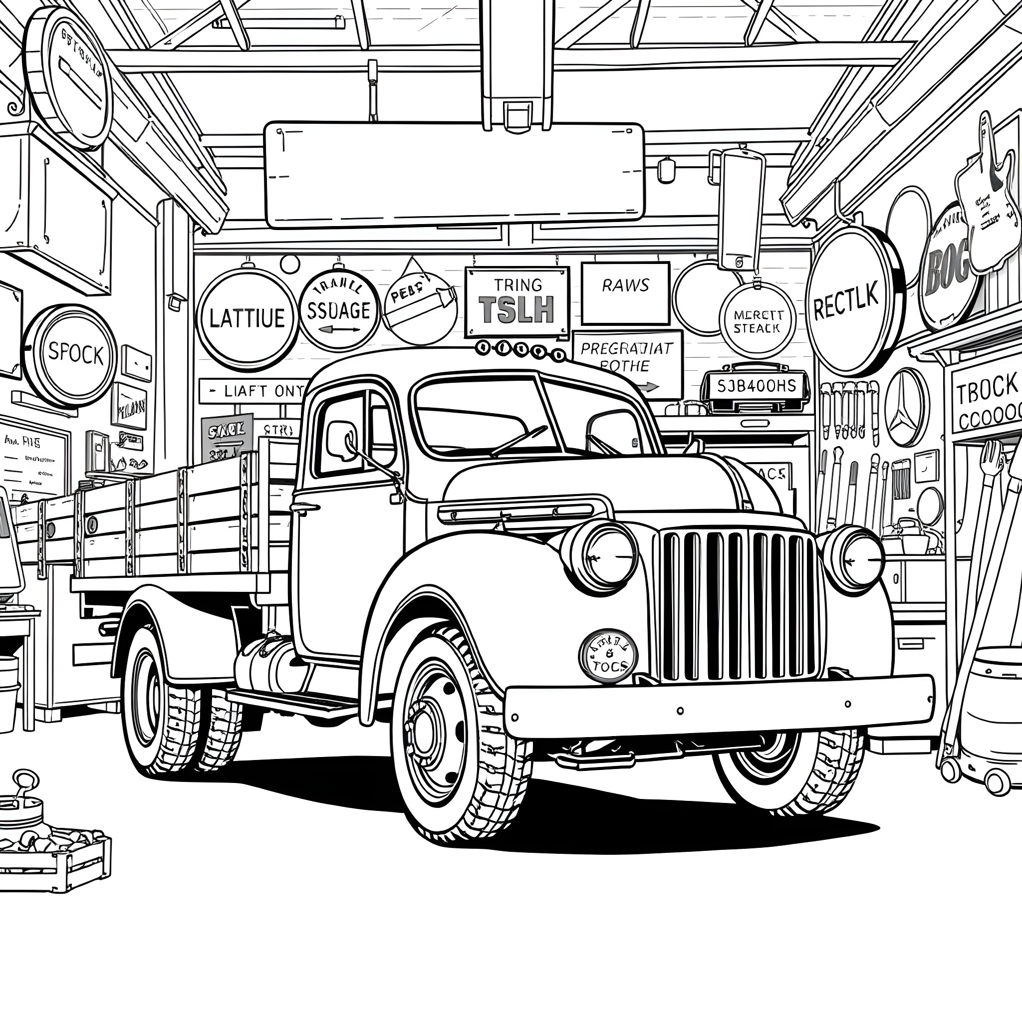 Truck parked in a cluttered garage workshop Coloring Page (free black-and-white line drawing printable PDF for all, from beginners to advanced learners, including children, teens, adults, and seniors)