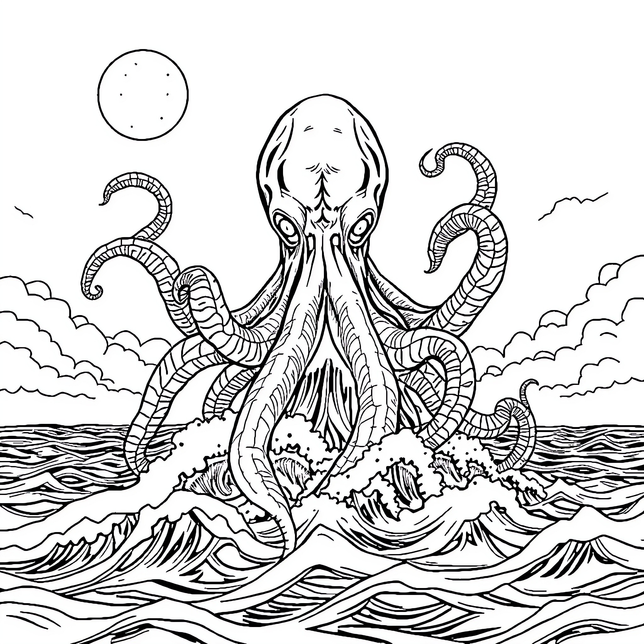 Cthulhu Rises from the Depths Coloring Page (free black-and-white line drawing printable PDF for all, from beginners to advanced learners, including children, teens, adults, and seniors)