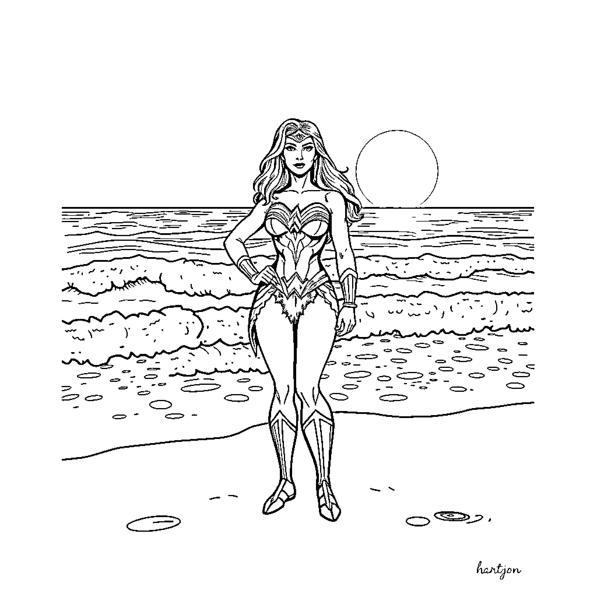 Wonder Woman standing proudly on the beach Coloring Page (free black-and-white line drawing printable PDF for all, from beginners to advanced learners, including children, teens, adults, and seniors)