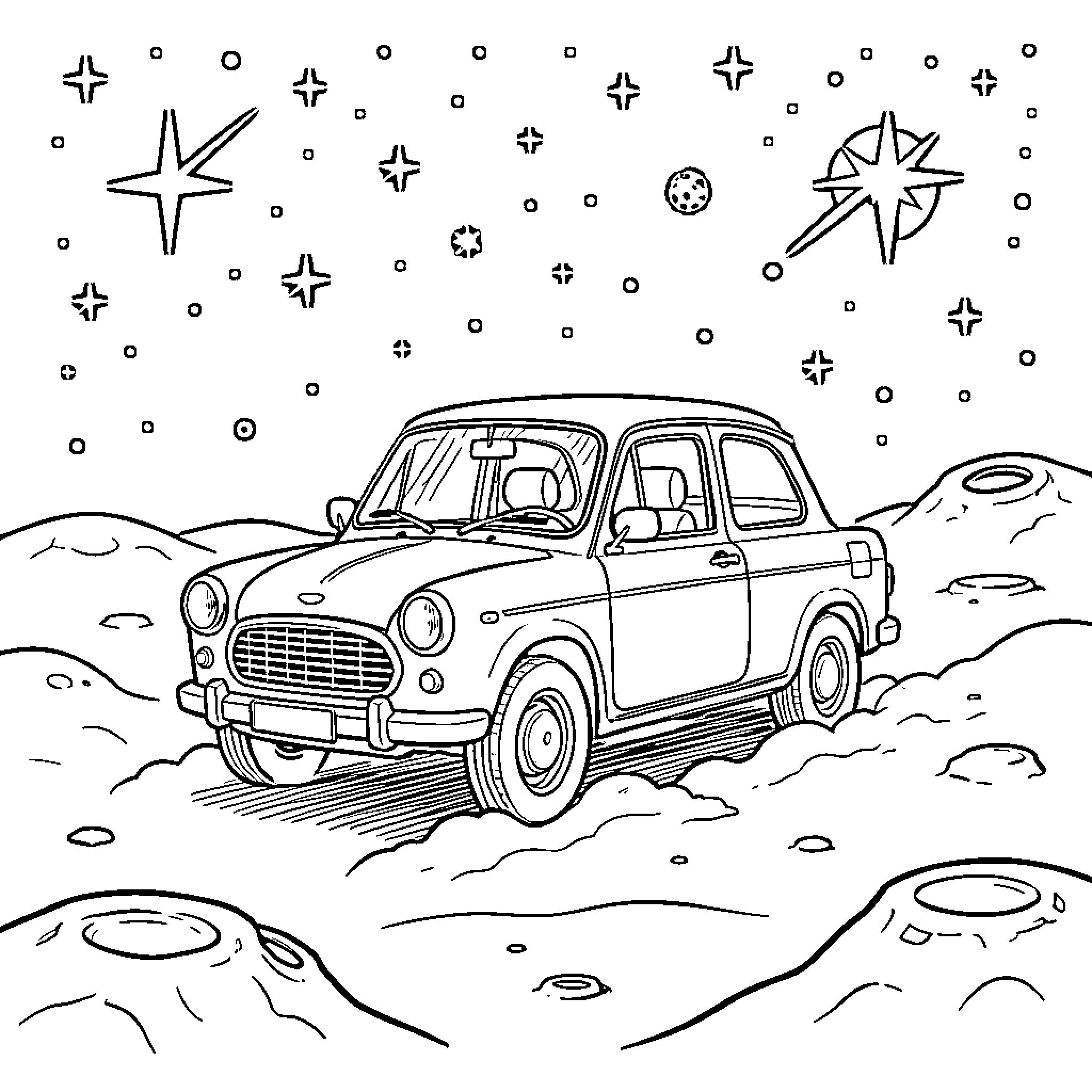 Auto driving through cosmic landscape Coloring Page (free black-and-white line drawing printable PDF for all, from beginners to advanced learners, including children, teens, adults, and seniors)